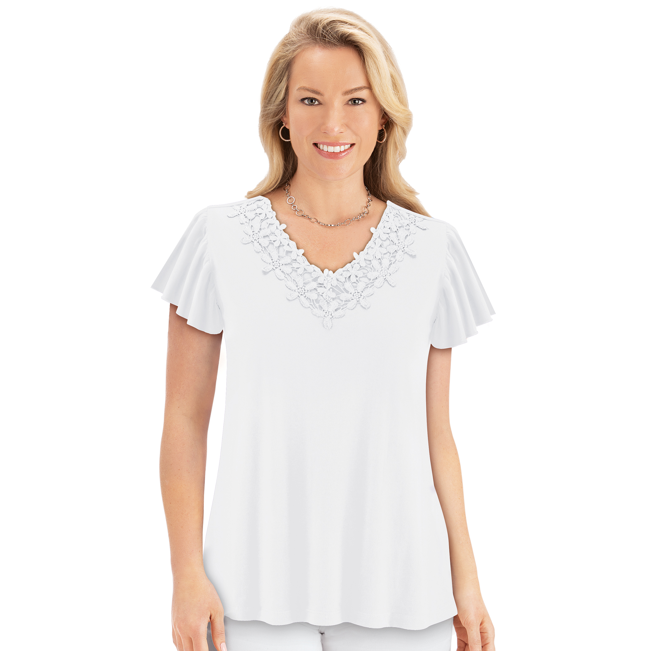Floral Lace V-Neck Short Flutter Sleeve Top X-Large Gender Neutral White