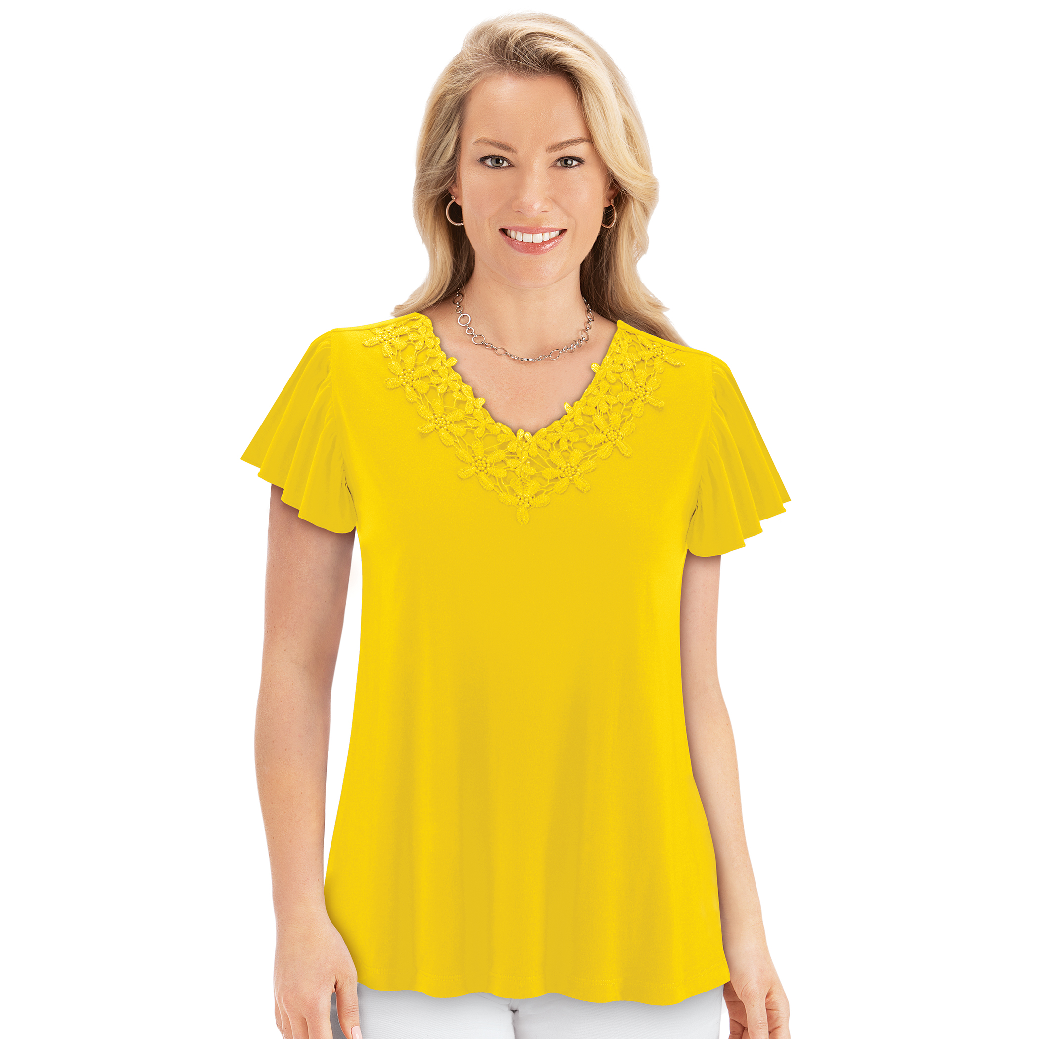 Floral Lace V-Neck Short Flutter Sleeve Top Large Gender Neutral Yellow