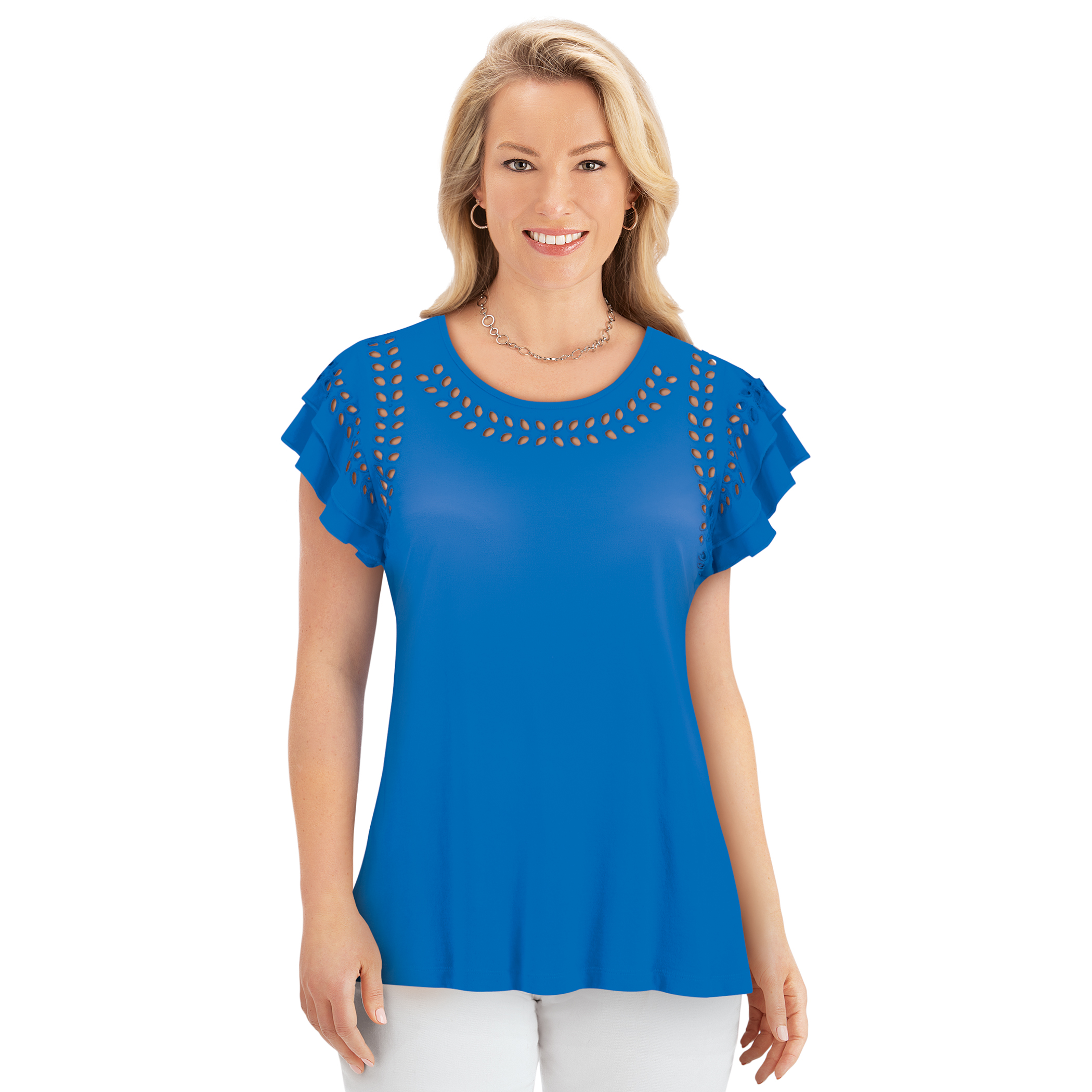 Double Layer Flutter Sleeve Eyelet Trim Stylish Top X-Large Gender Neutral Royal Blue