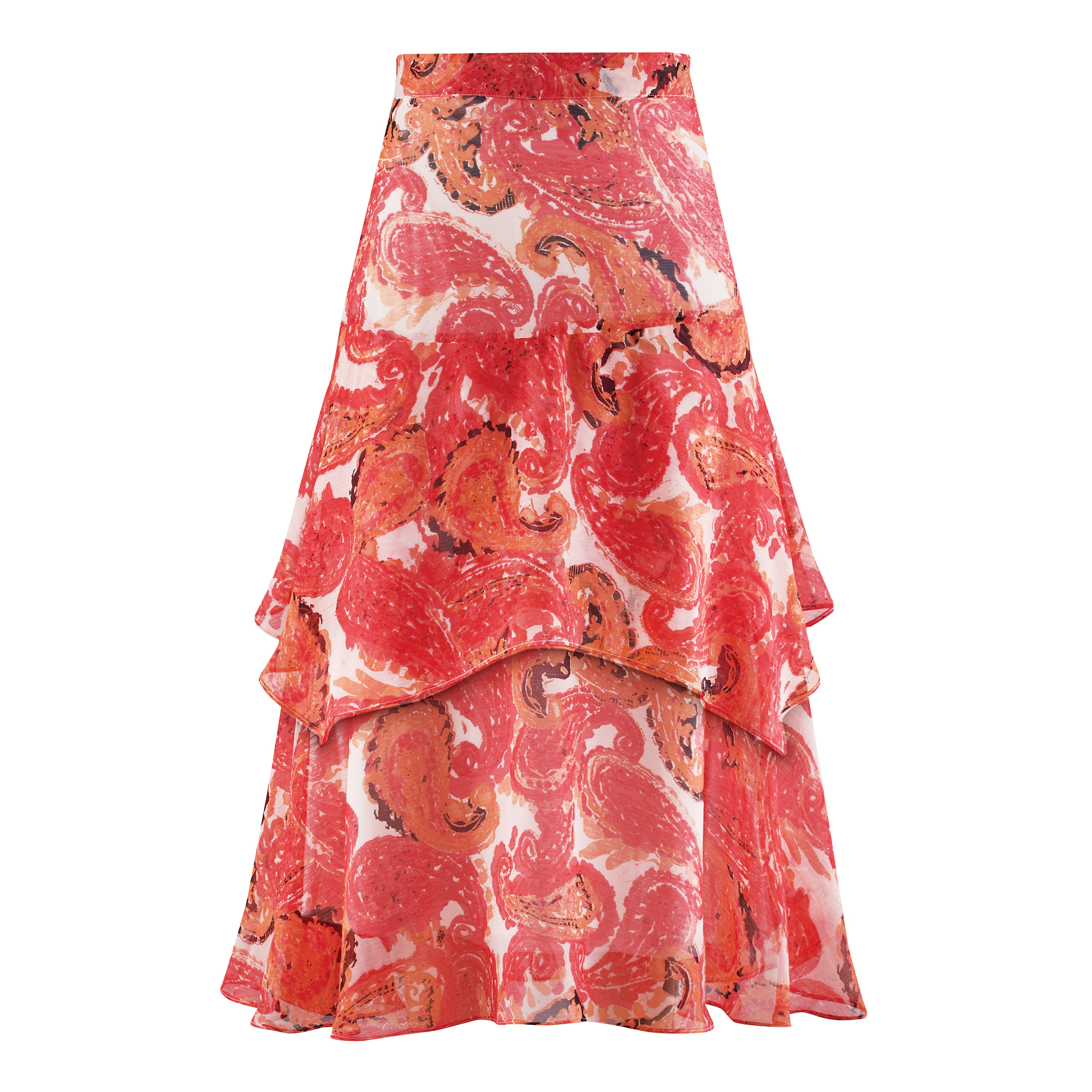 Paisley Print Tiered Chiffon Elasticized Waist Skirt XX-Large Women Coral Multi