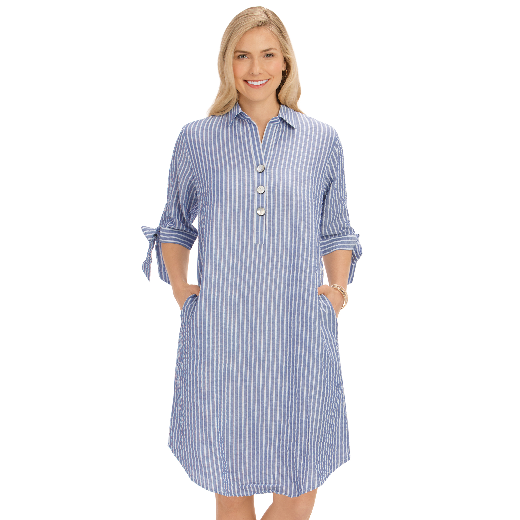 Lightweight Seersucker Striped 3/4 Length Sleeve Dress with Pockets Large Women Navy