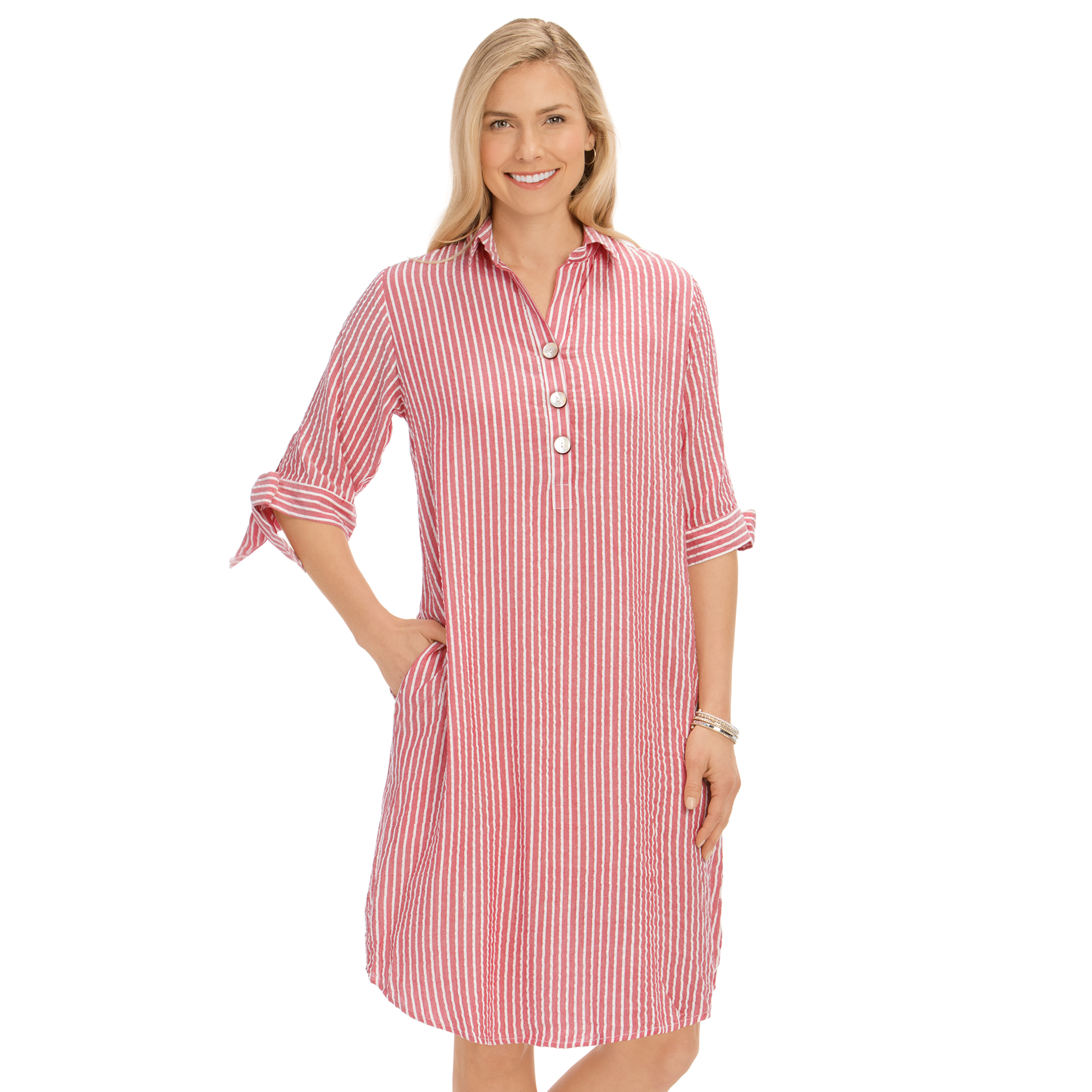 Lightweight Seersucker Striped 3/4 Length Sleeve Dress with Pockets Large Women Red