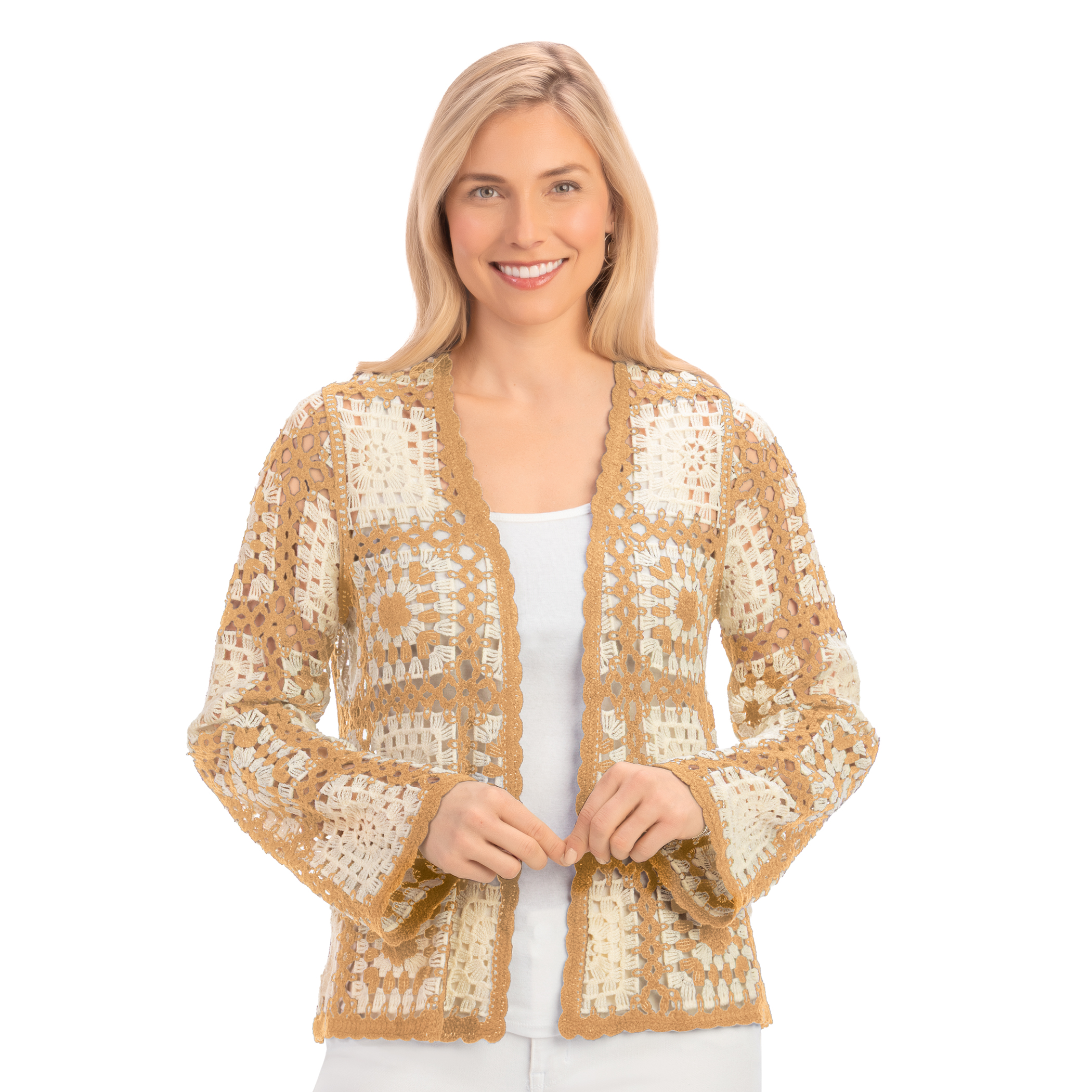 Open Front Granny Square Crochet Jacket XL/XXL Women Khaki, XL/XXL