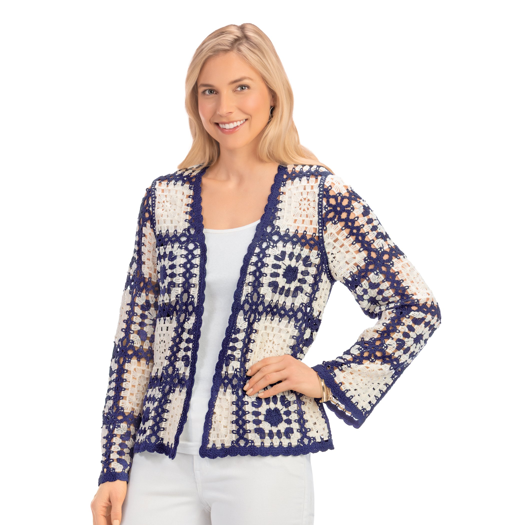 Open Front Granny Square Crochet Jacket XL/XXL Women Navy, XL/XXL