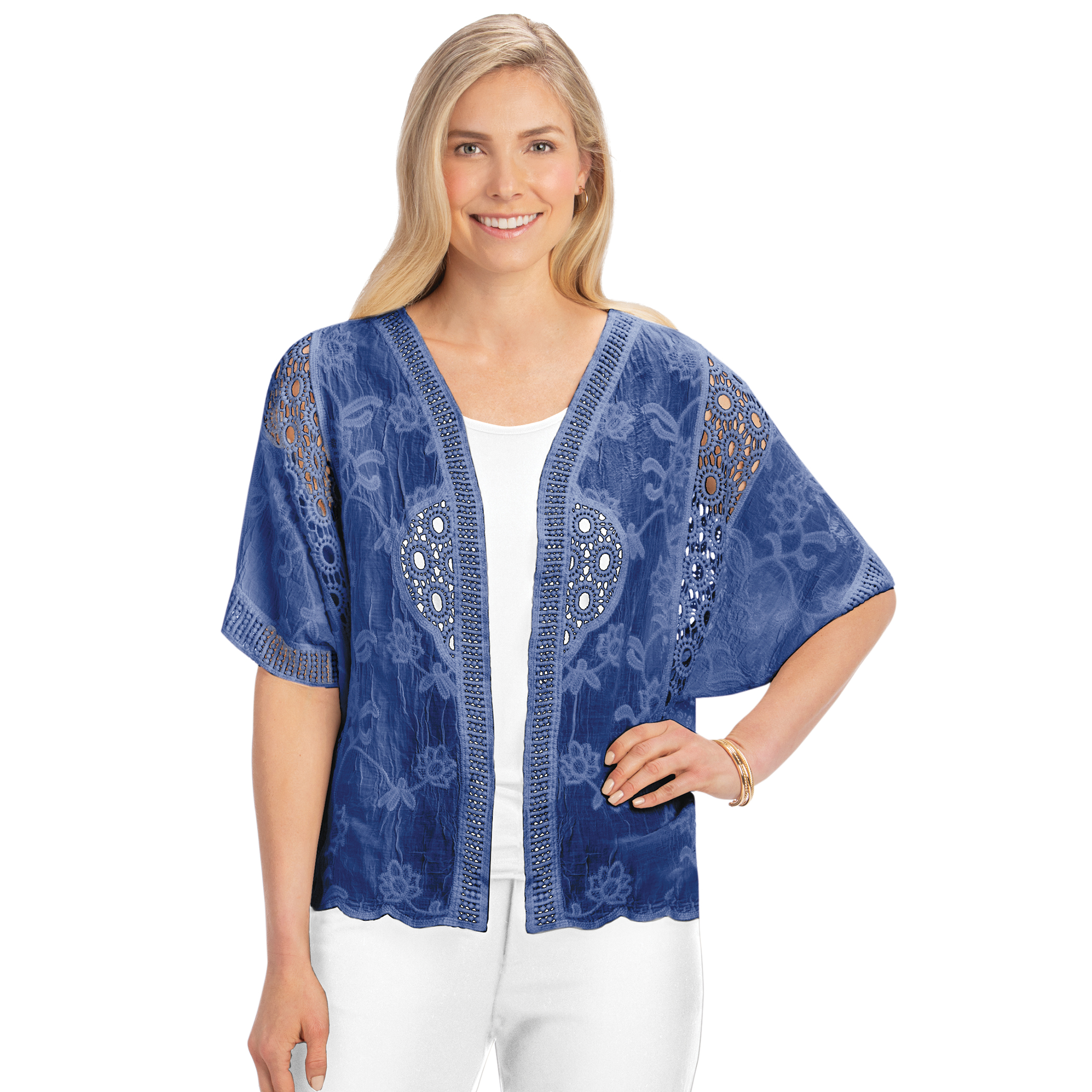Crochet Inset Open-Front Short Sleeve Jacket Medium/Large Women Navy, Medium/Large