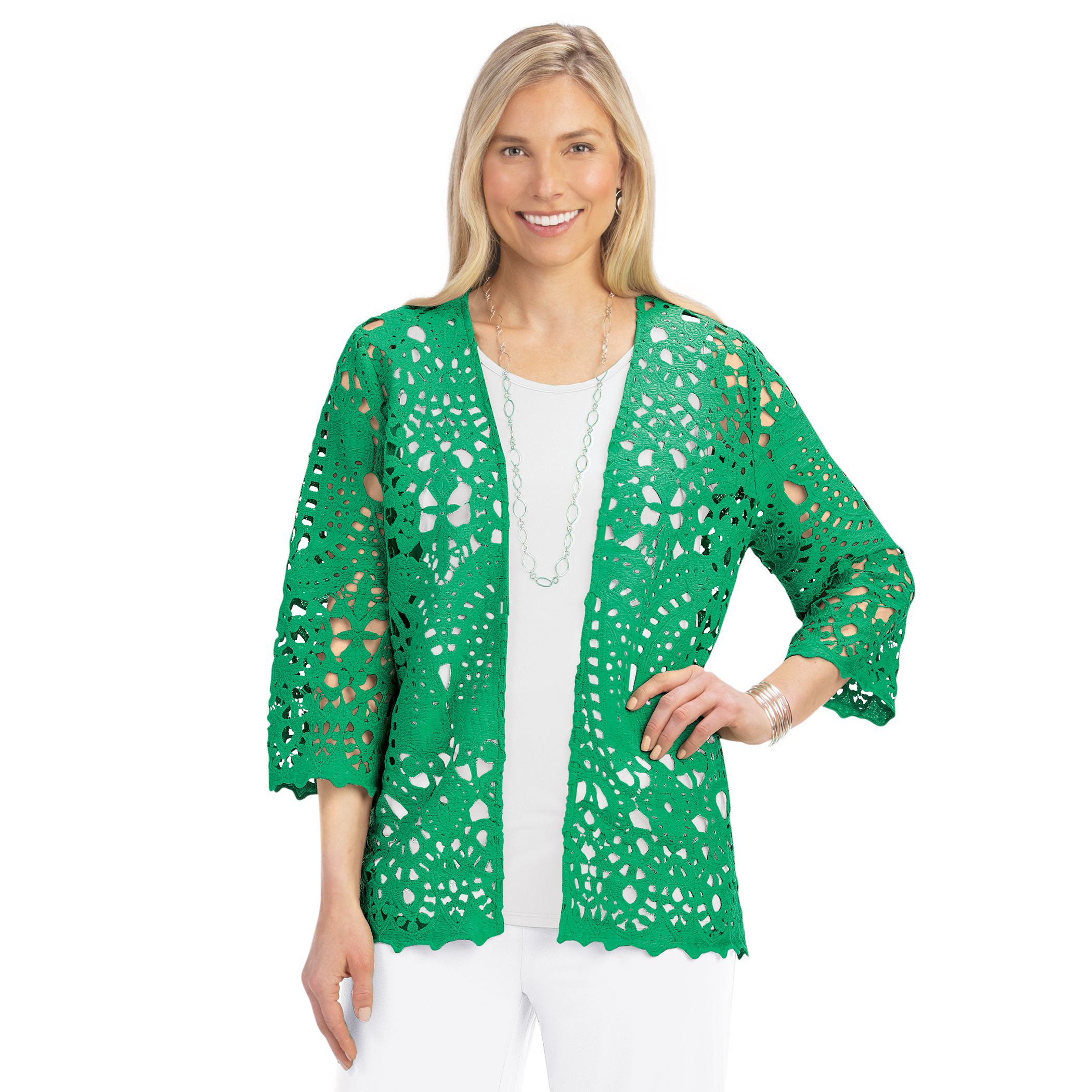 Floral Lacey Design Open Front Cardigan Medium Women Jade