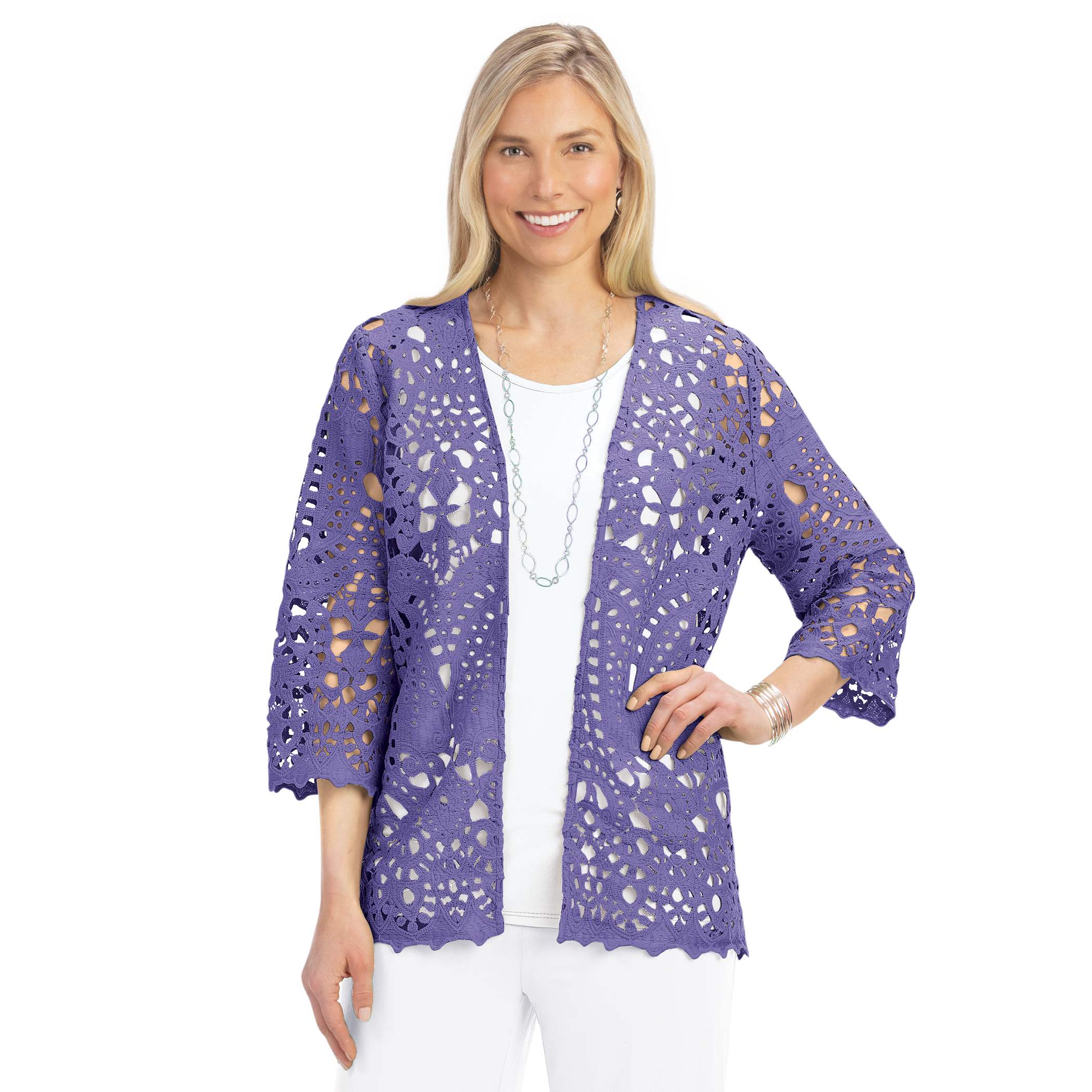 Floral Lacey Design Open Front Cardigan X-Large Women Purple