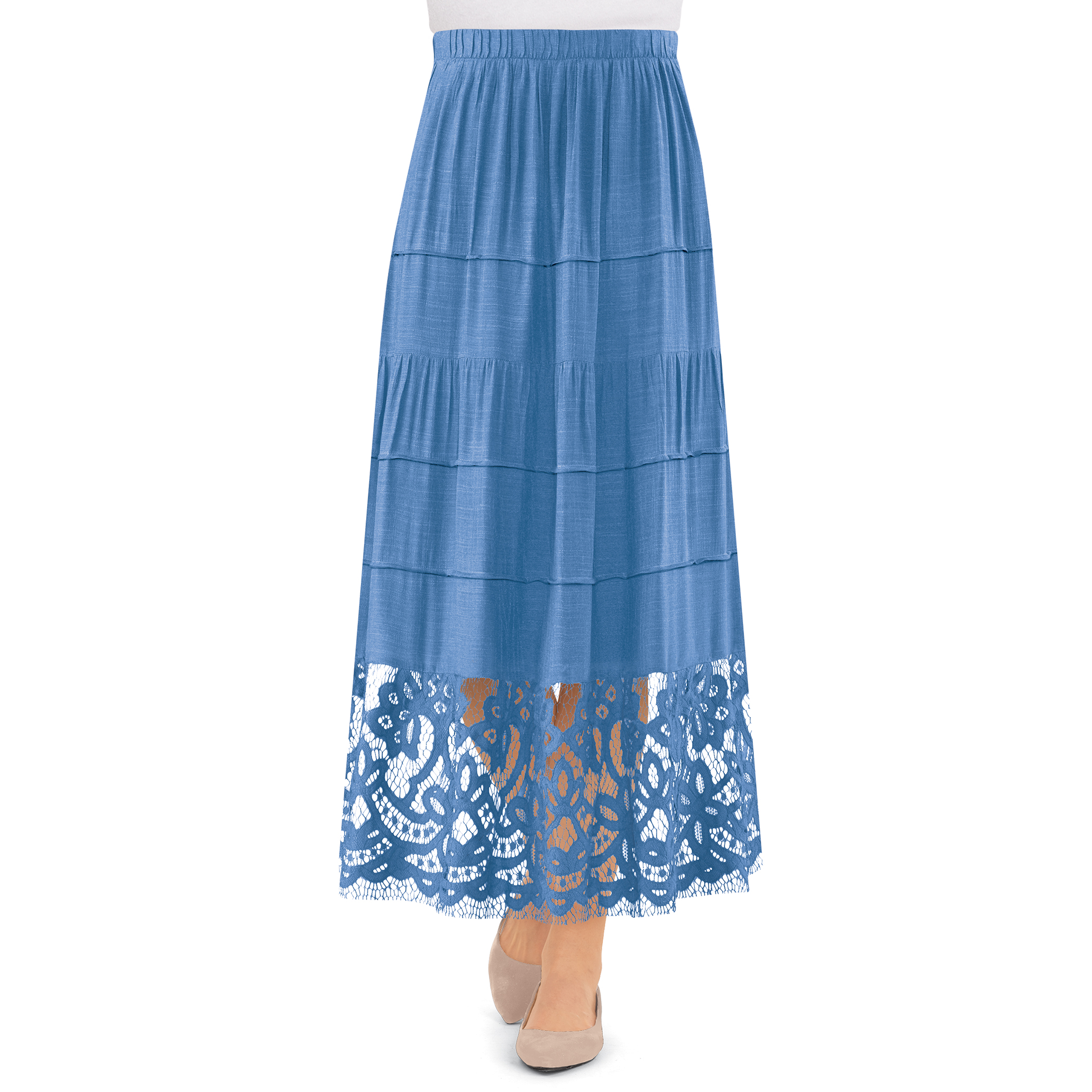 Lace Border Tiered Details Elasticized Waist Skirt XX-Large Women Cornflower Blue