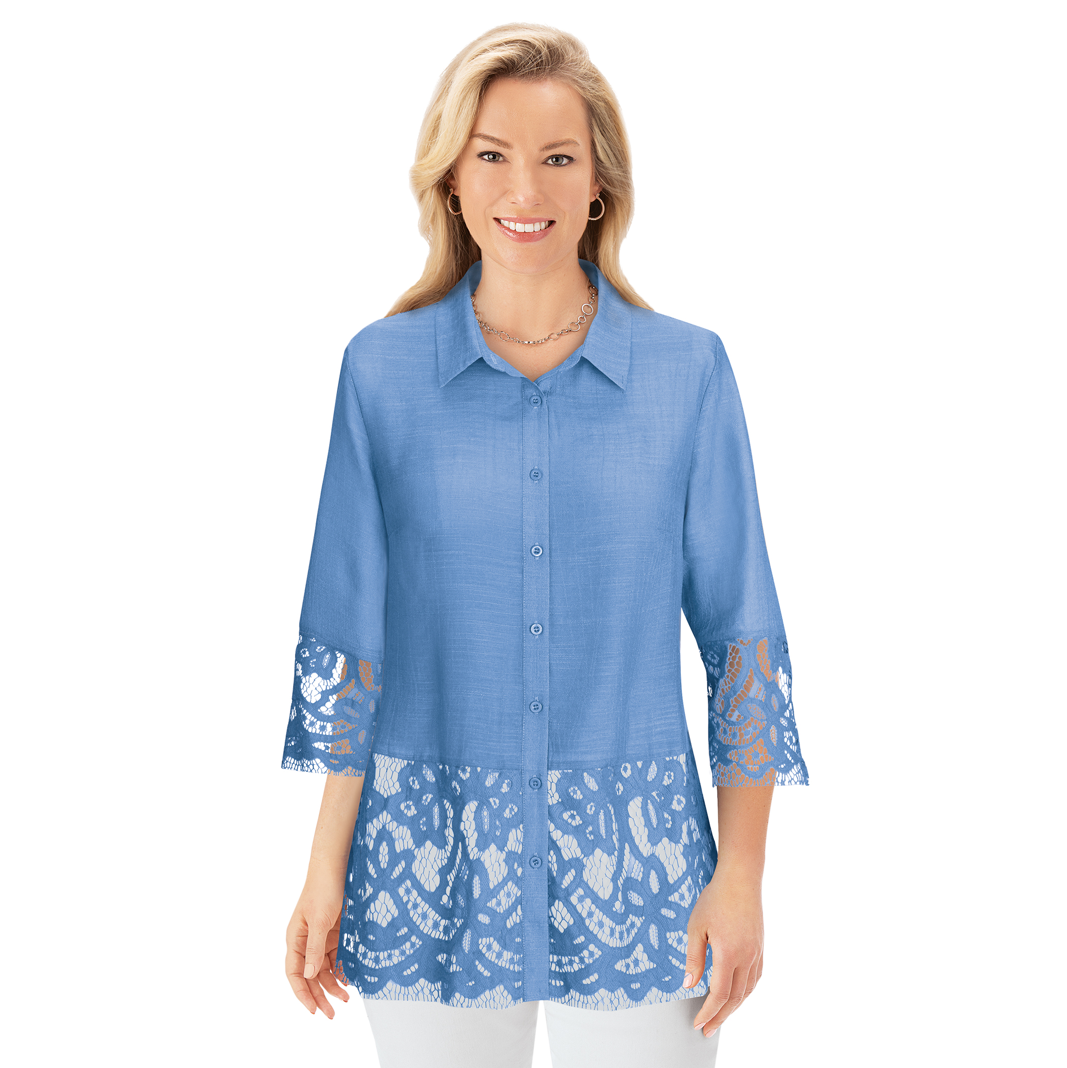 Lace Hem & Sleeve Button-Front Woven Shirt Medium Gender Neutral Cornflower Blue