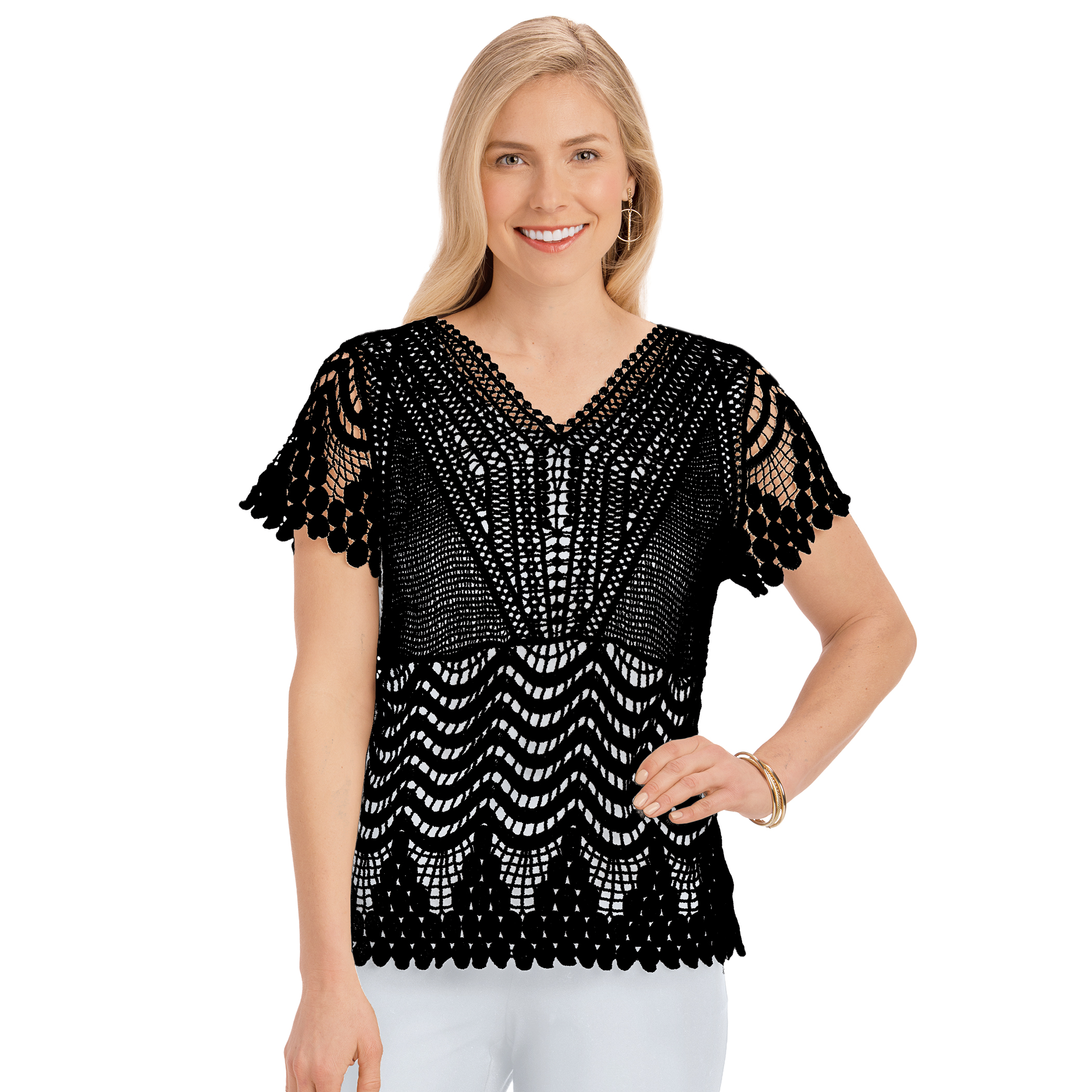 Intricate Crochet V-Neck Short Sleeve Sweater XX-Large Women Black
