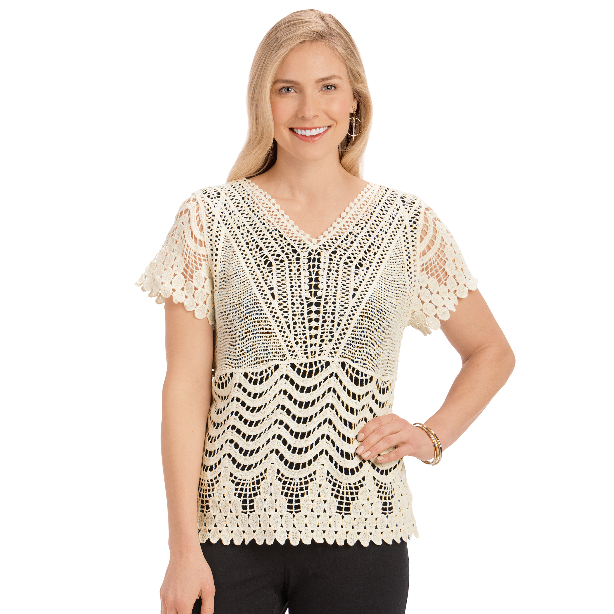 Intricate Crochet V-Neck Short Sleeve Sweater X-Large Women Natural