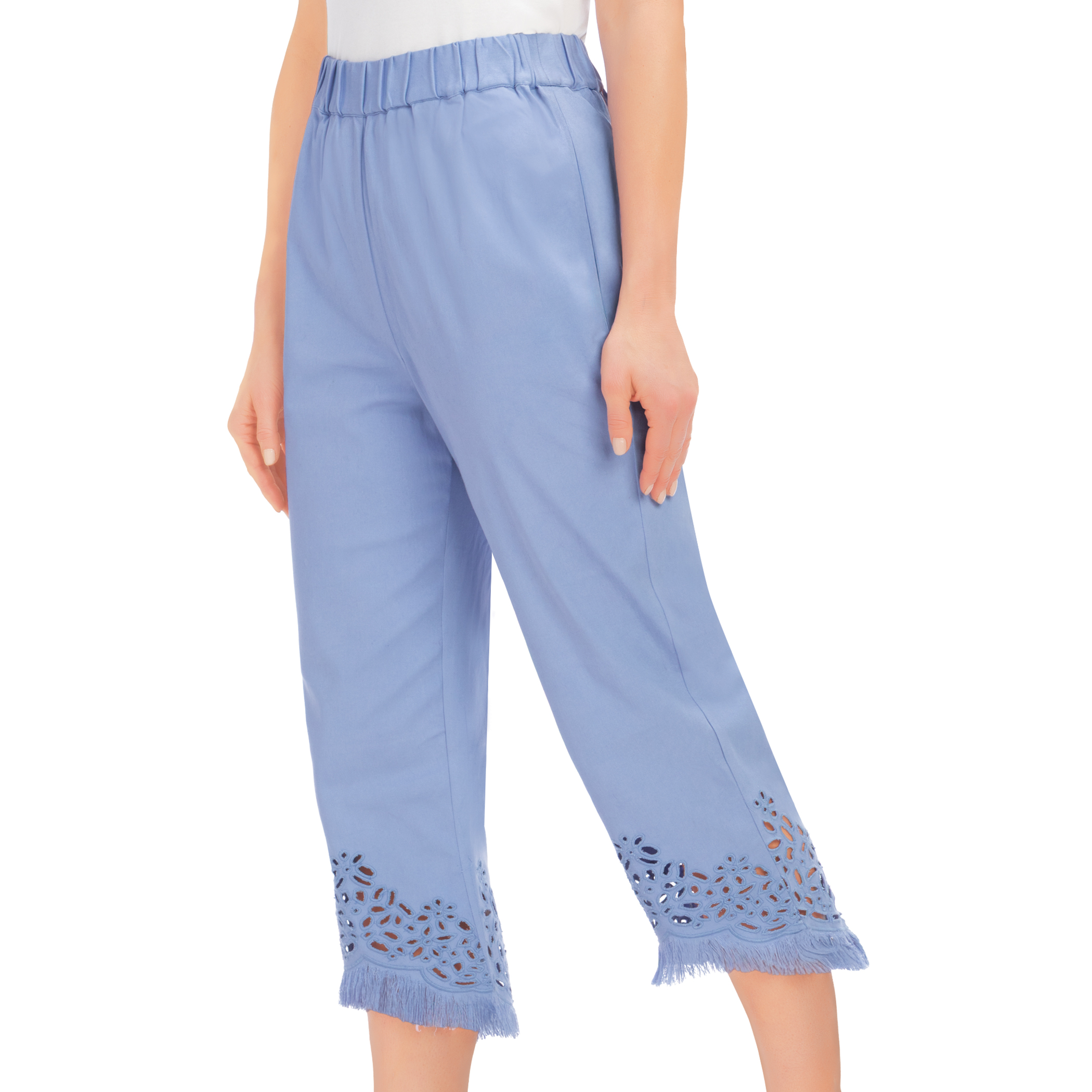Stylish Eyelet & Frayed Hem Elasticized Waist Capris Medium Blue