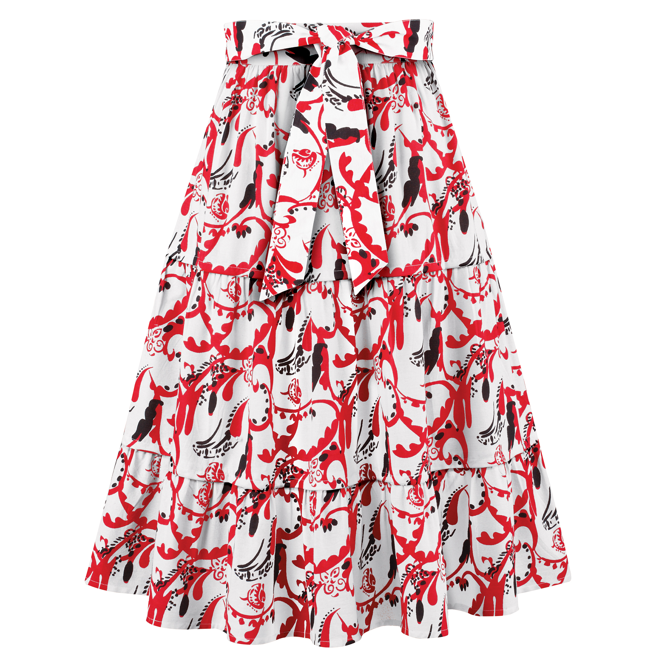 Tie Waist Tiered Abstract Paisley Pattern Skirt XX-Large Women Red Multi
