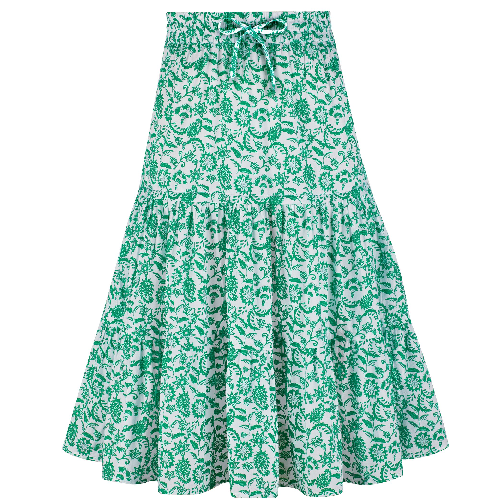 Cotton Pull-On Tiered Floral Print Elasticized Waist Skirt Large Women Jade