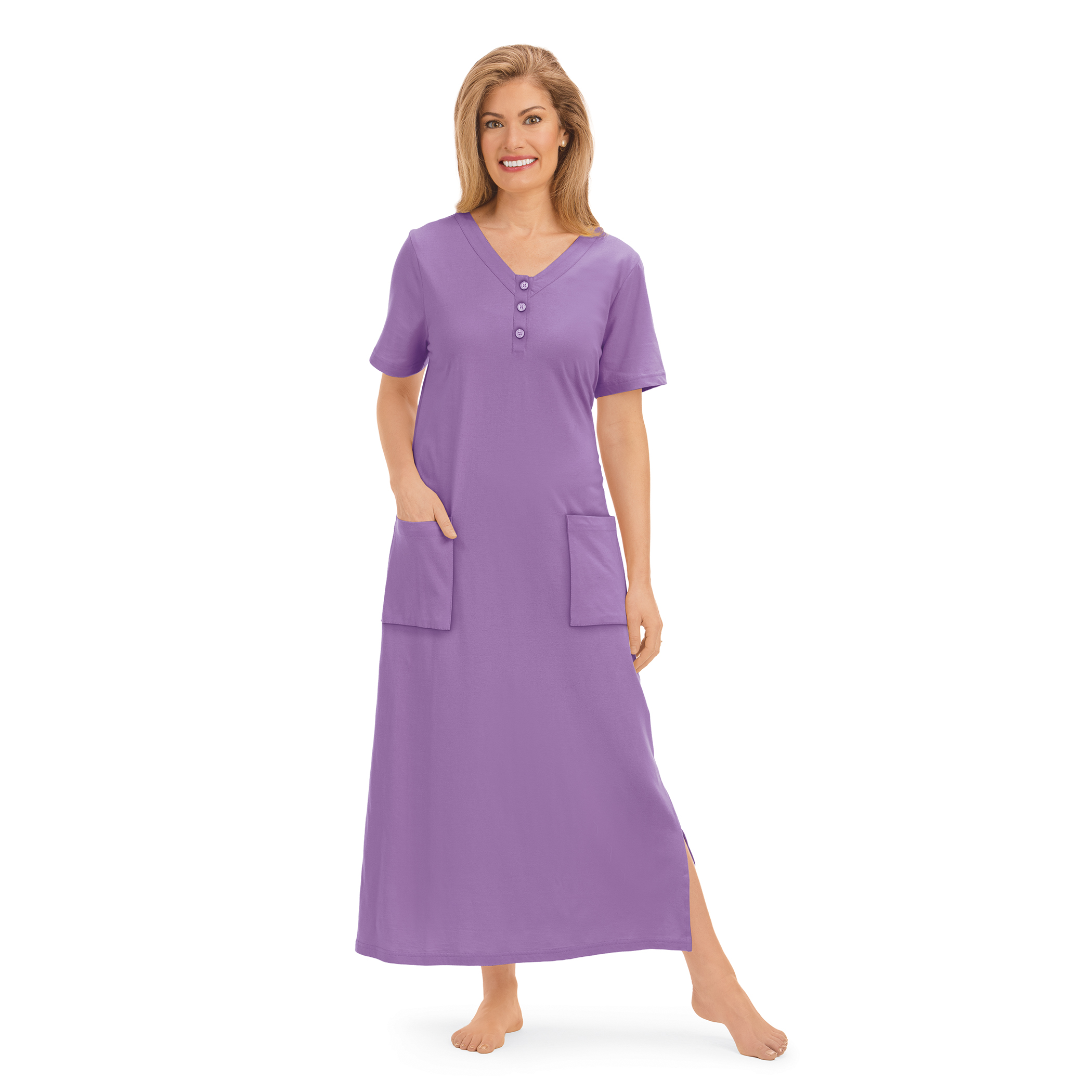 Soft Cotton V-Neck Long Patch Pocket Short Sleeve Lounger Large Women Lavender