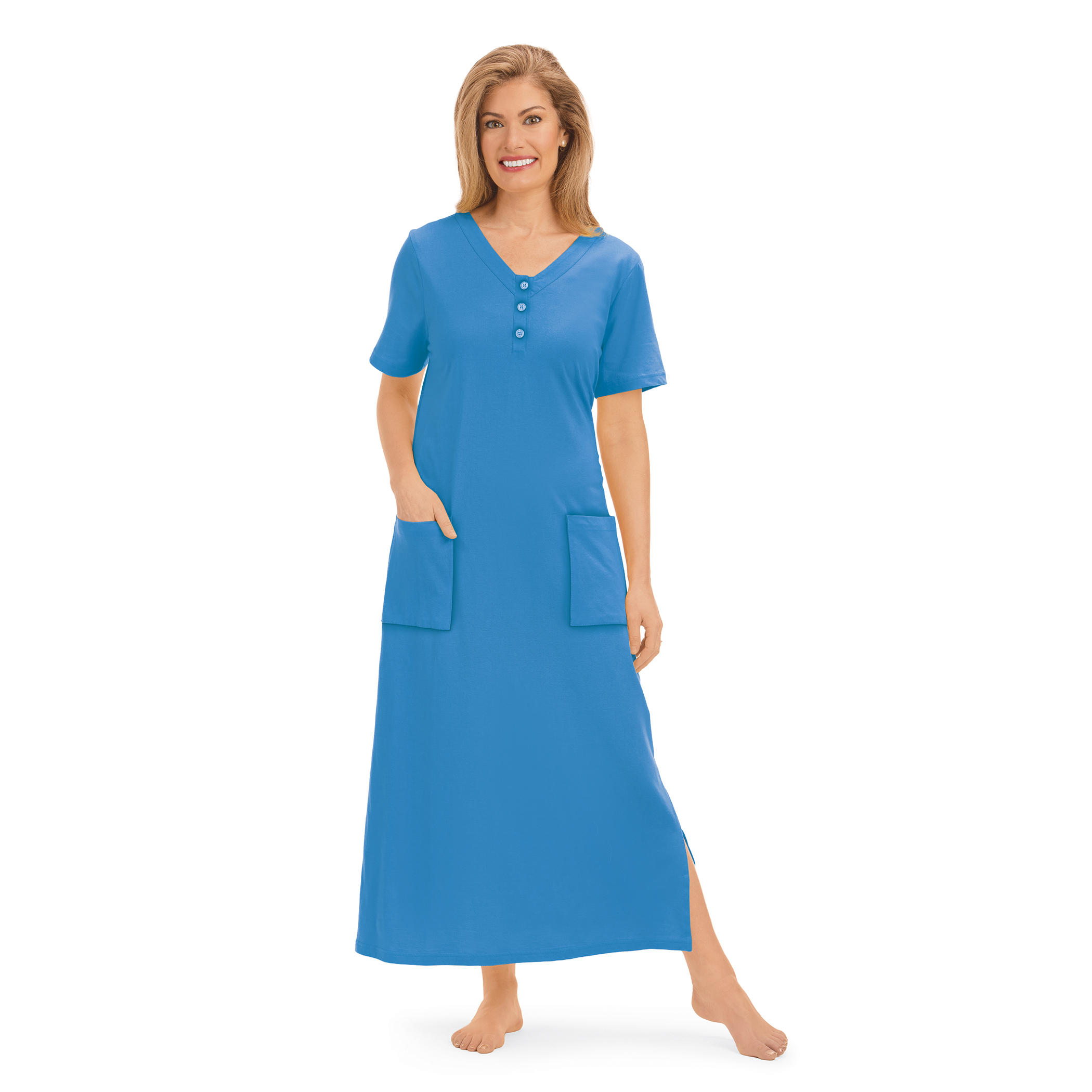 Soft Cotton V-Neck Long Patch Pocket Short Sleeve Lounger Large Women Royal Blue