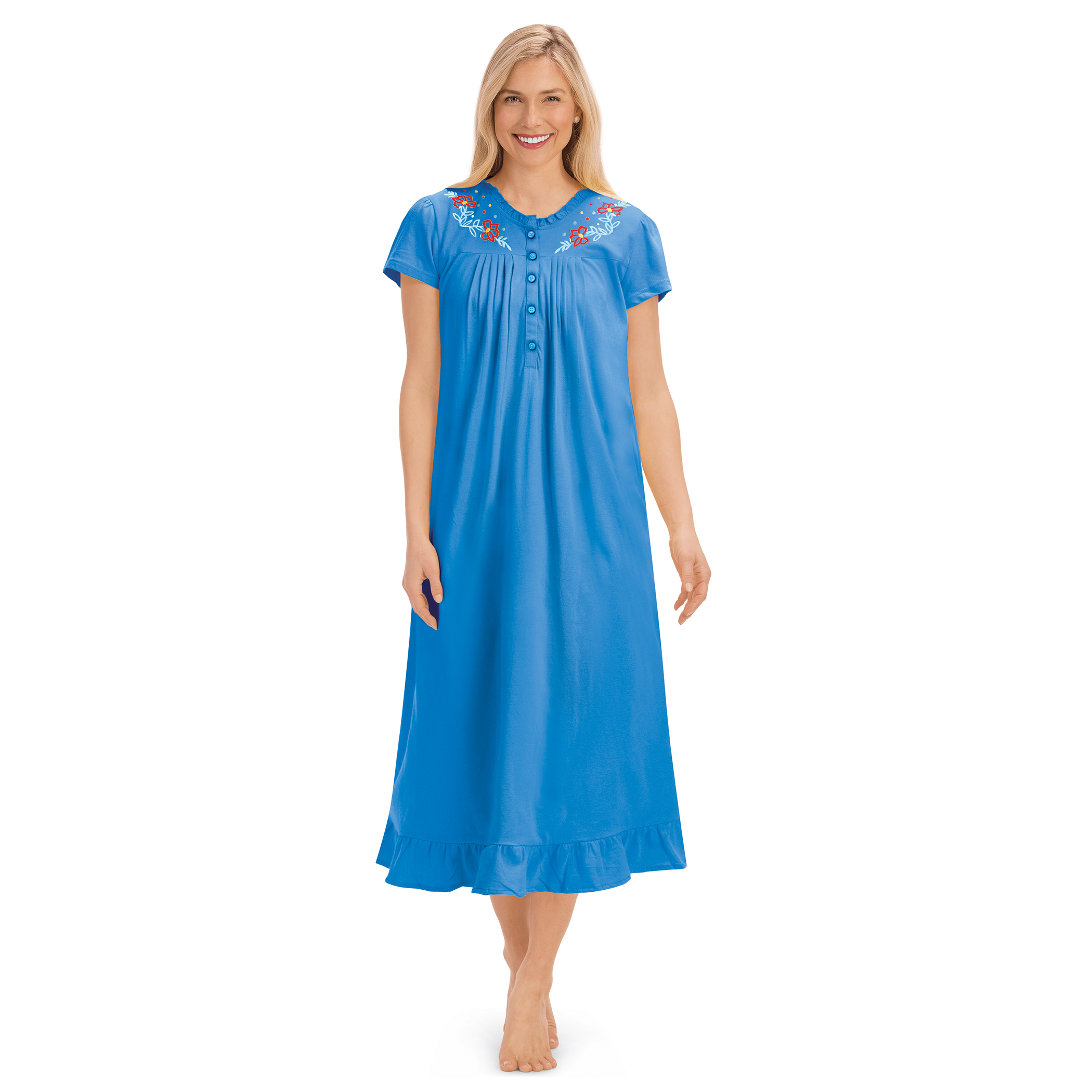 Embroidered Floral Pintuck Cotton Short Sleeve Knit Nightgown X-Large Women Royal Blue