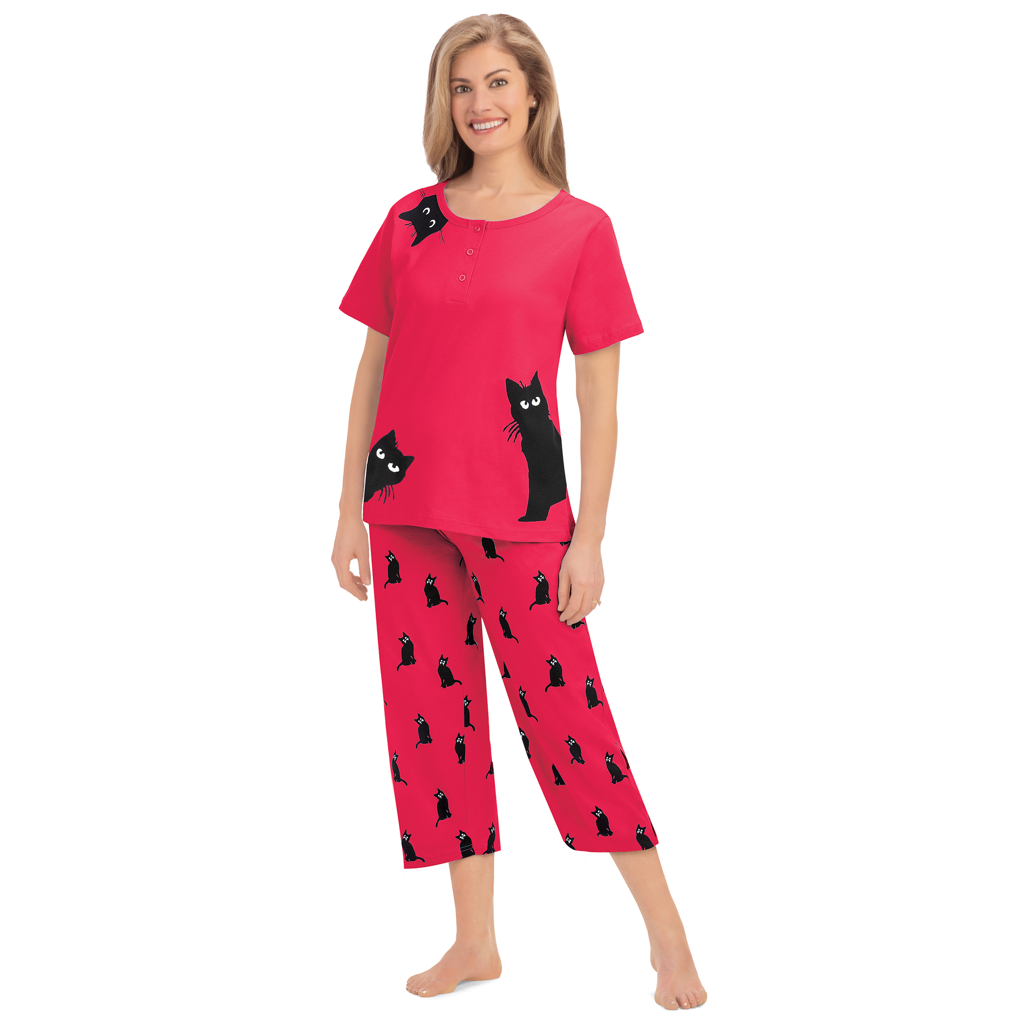 2-Piece Curious Kittens Short Sleeve Capris Pant Pajama Set Large Women Raspberry