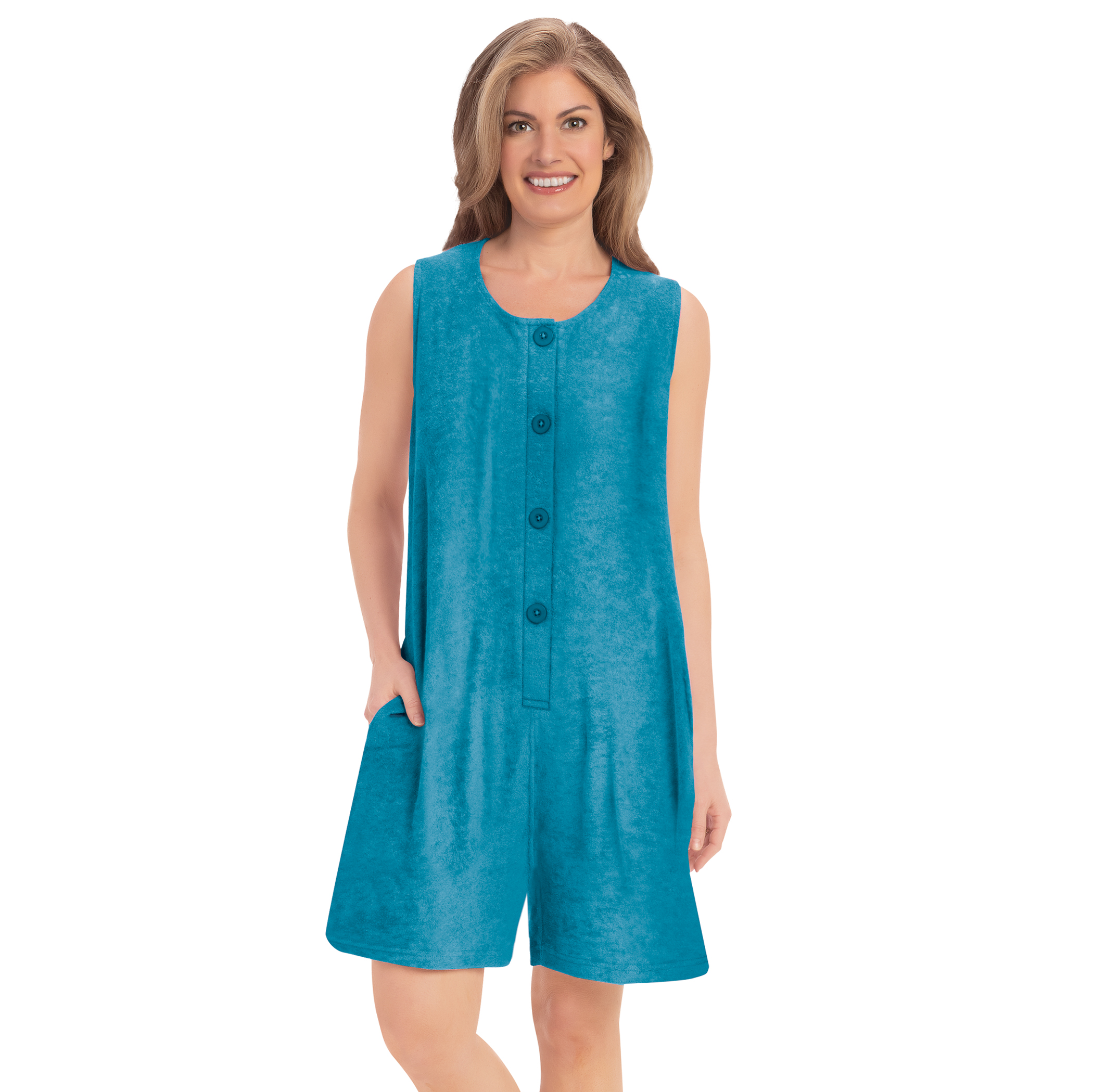 Button-Front Terry Versatile Romper with Pockets Large Turquoise