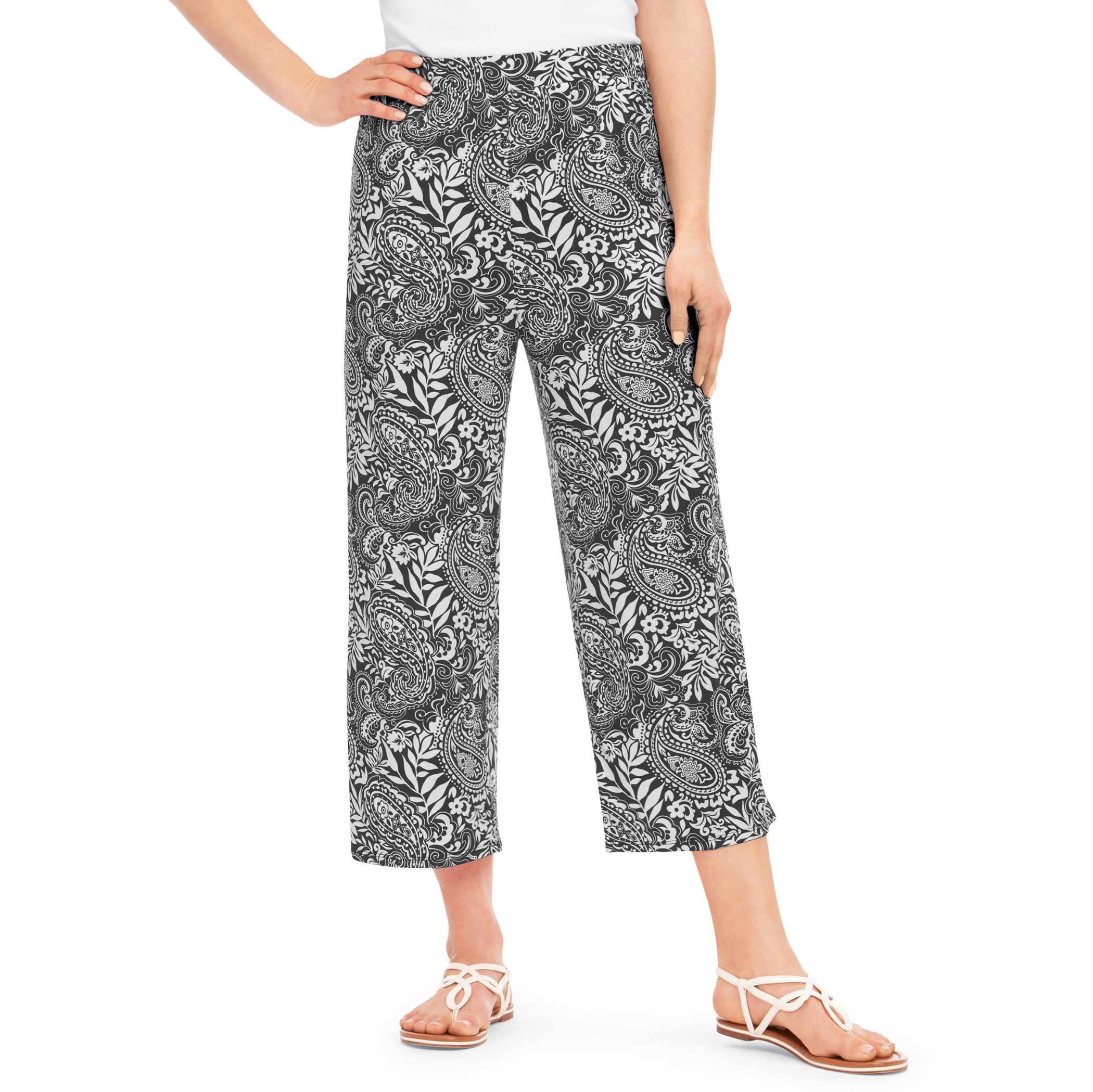 Elasticized Waist Paisley Print Capri Pants Medium Black Multi