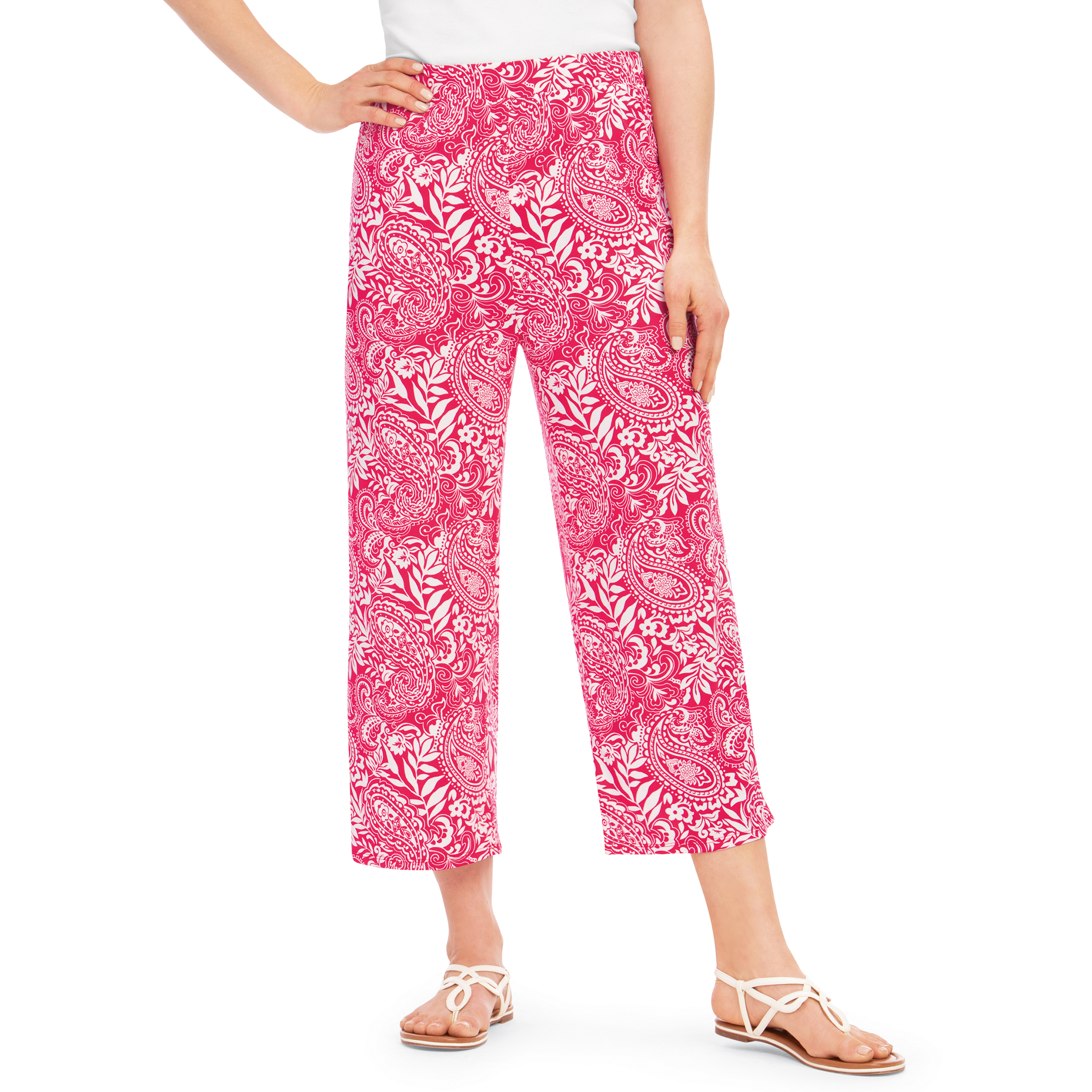 Elasticized Waist Paisley Print Capri Pants Medium Raspberry Multi