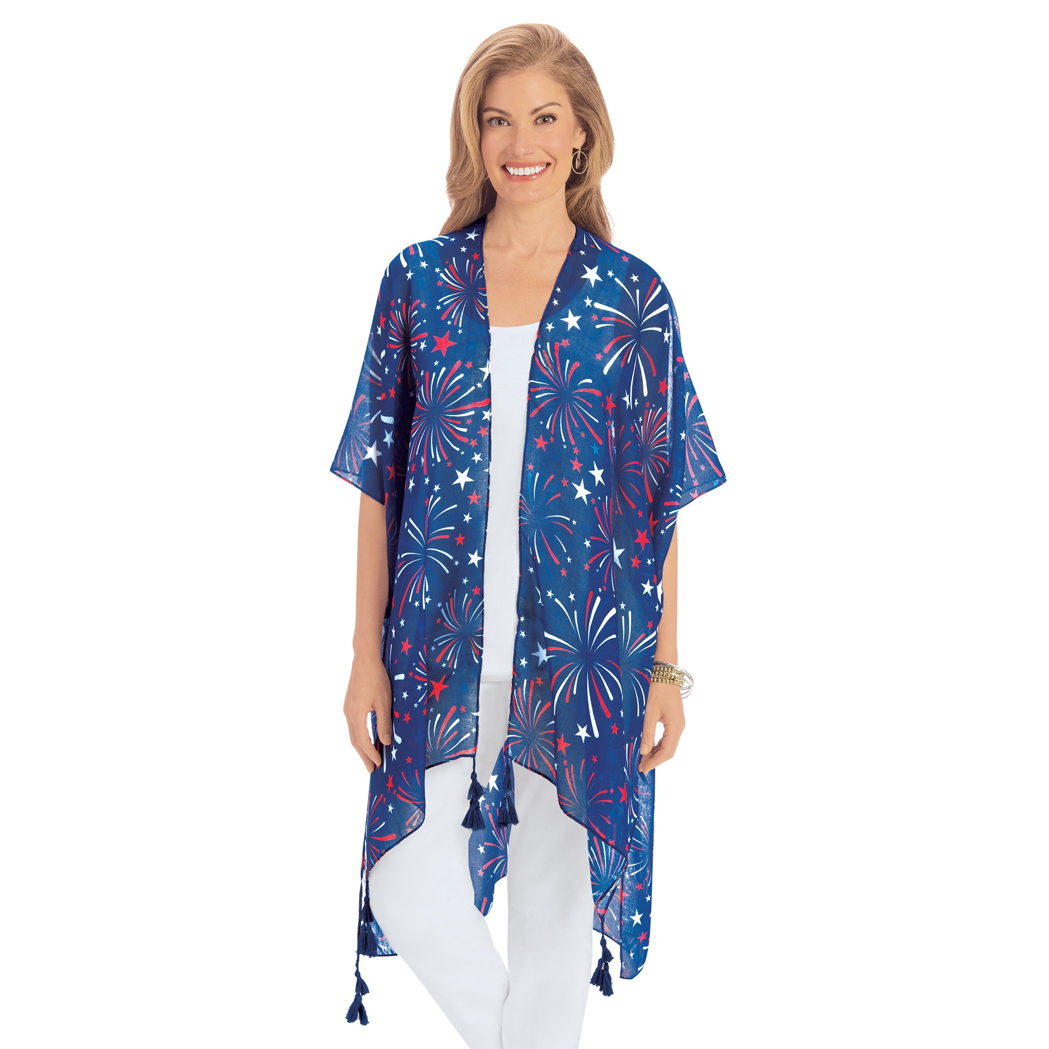 Lightweight Patriotic Fireworks Kimono with Tassel Accents Blue