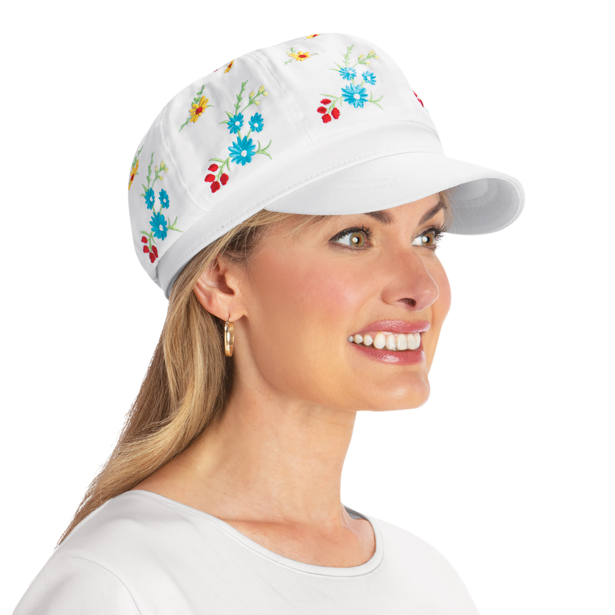 Colorful Floral Embroidered Denim Adjustable Hat Gender Neutral White