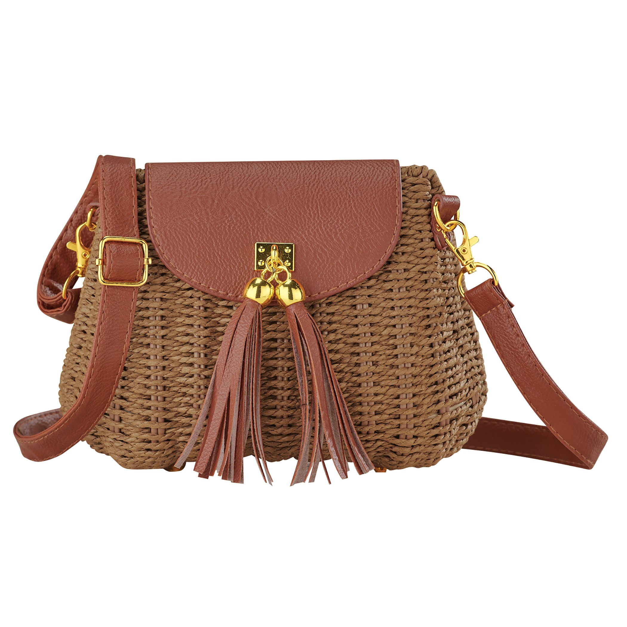 Classic Woven Straw Floral Lined Magnetic Closure Handbag Dark Brown