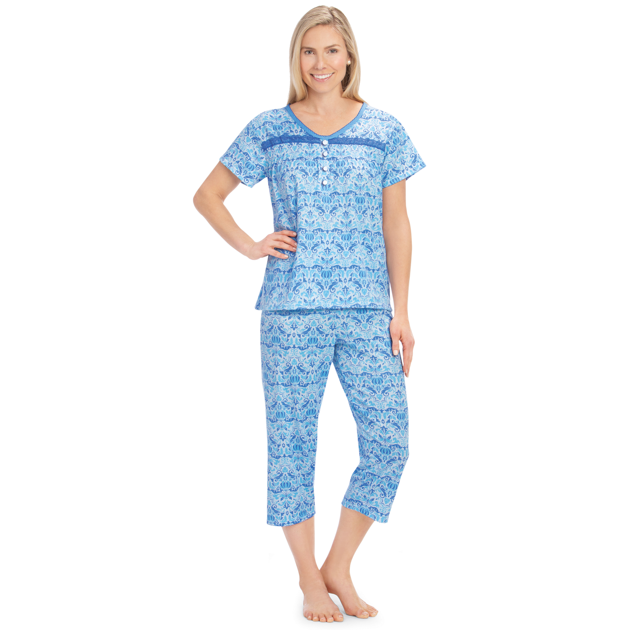 V-Neck Lace Trim Floral Pattern 2-Piece Capri Pajama Set X-Large Women Blue