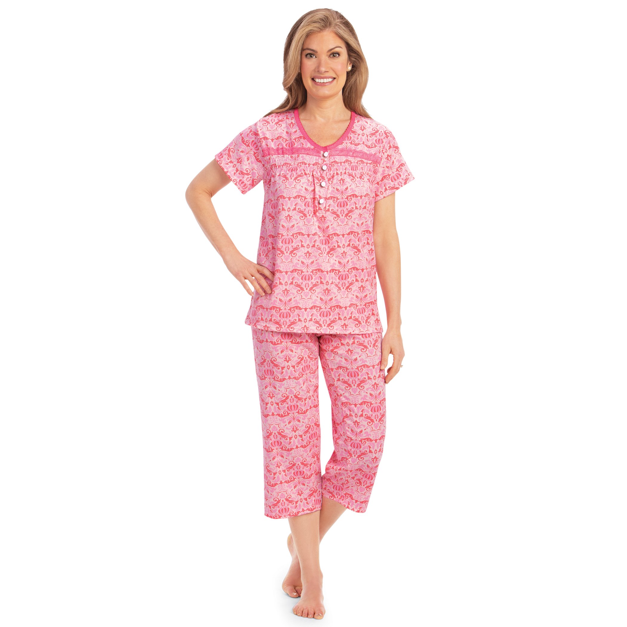 V-Neck Lace Trim Floral Pattern 2-Piece Capri Pajama Set X-Large Women Pink