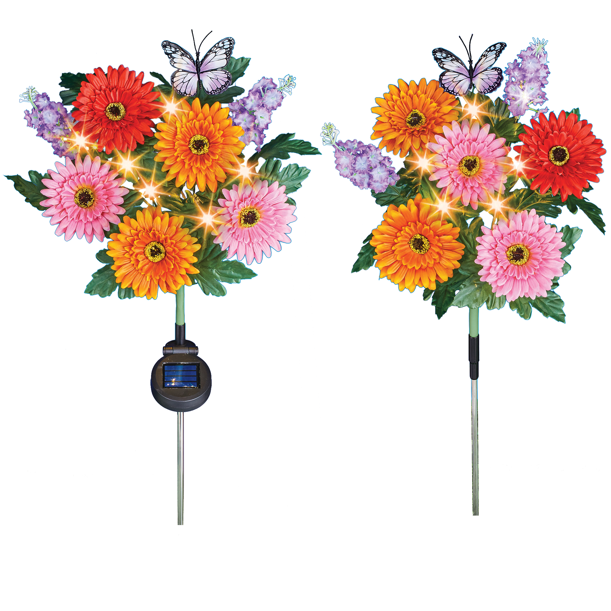 Solar Powered Gerber Daisies Outdoor Garden Stakes - Set of 2