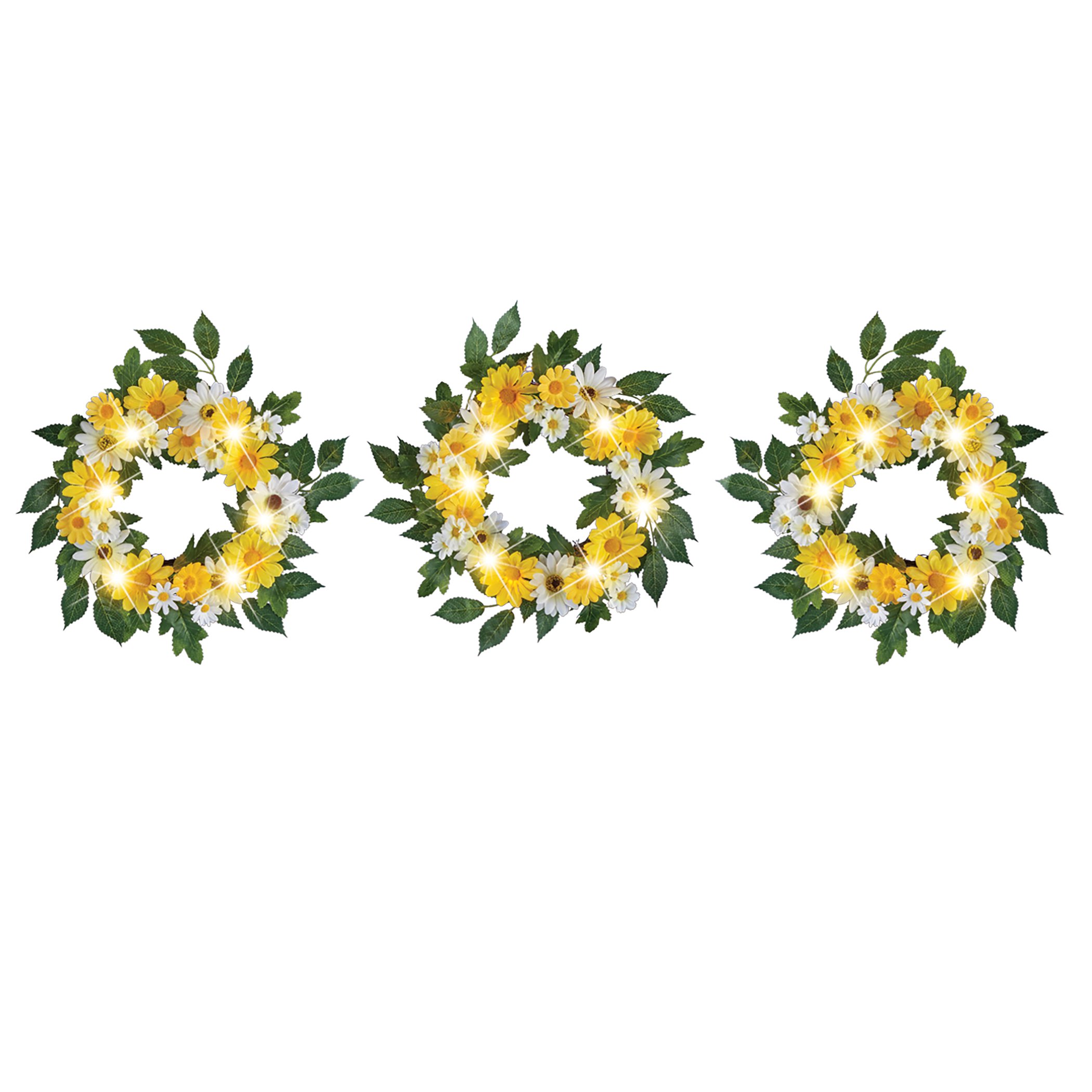 LED Lighted Solar Powered Artificial Daisy Wreaths - Set of 3