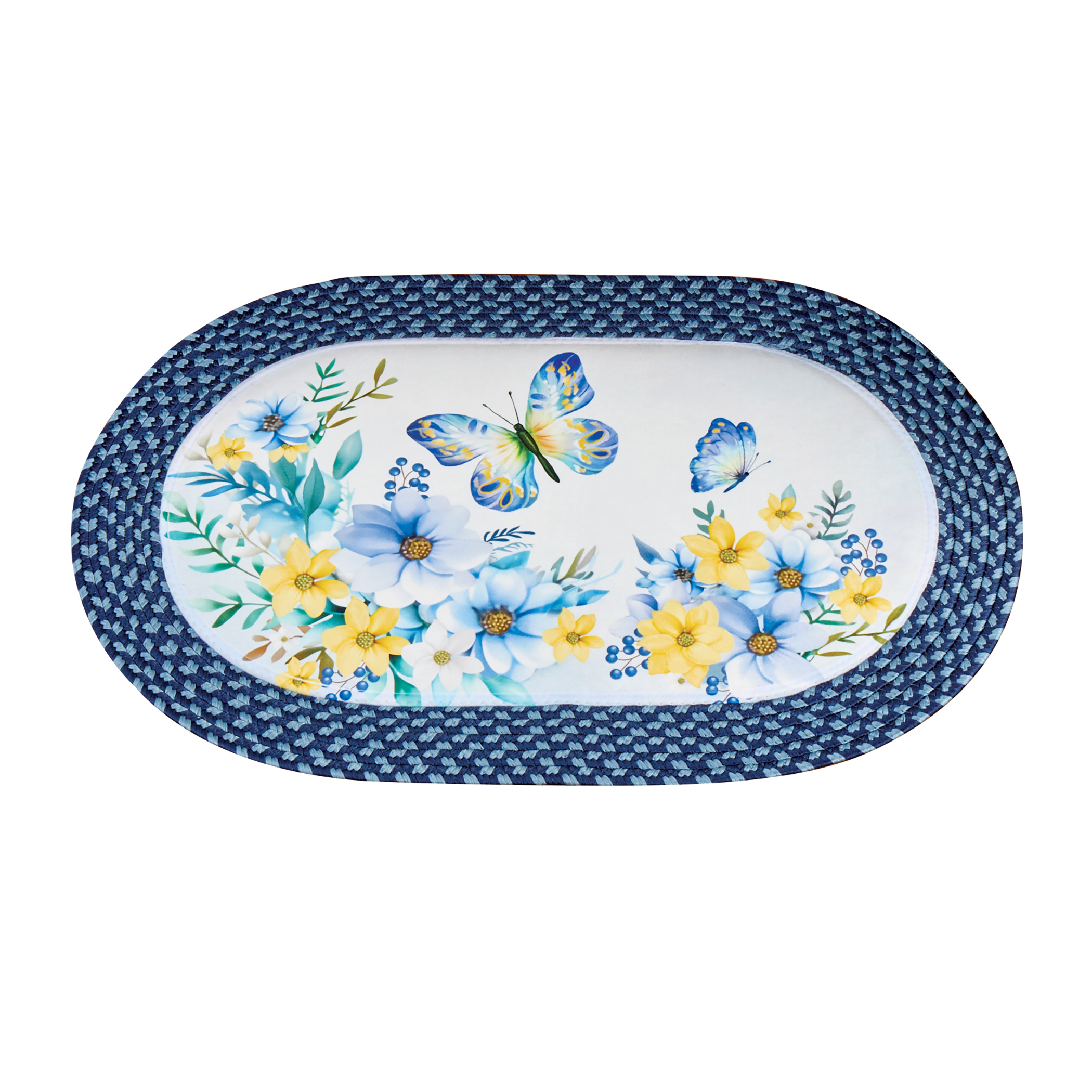 Blue Butterfly and Floral Braided Accent Rug