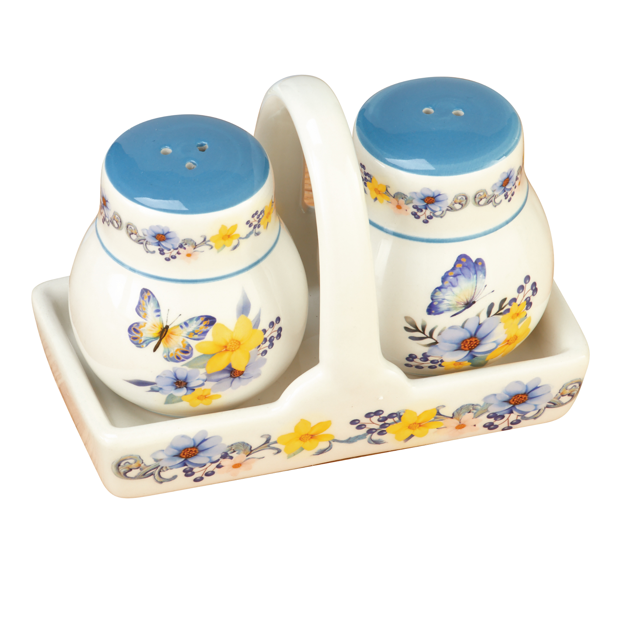 Blue Butterfly and Floral 3-Piece Salt & Pepper Shaker Set White
