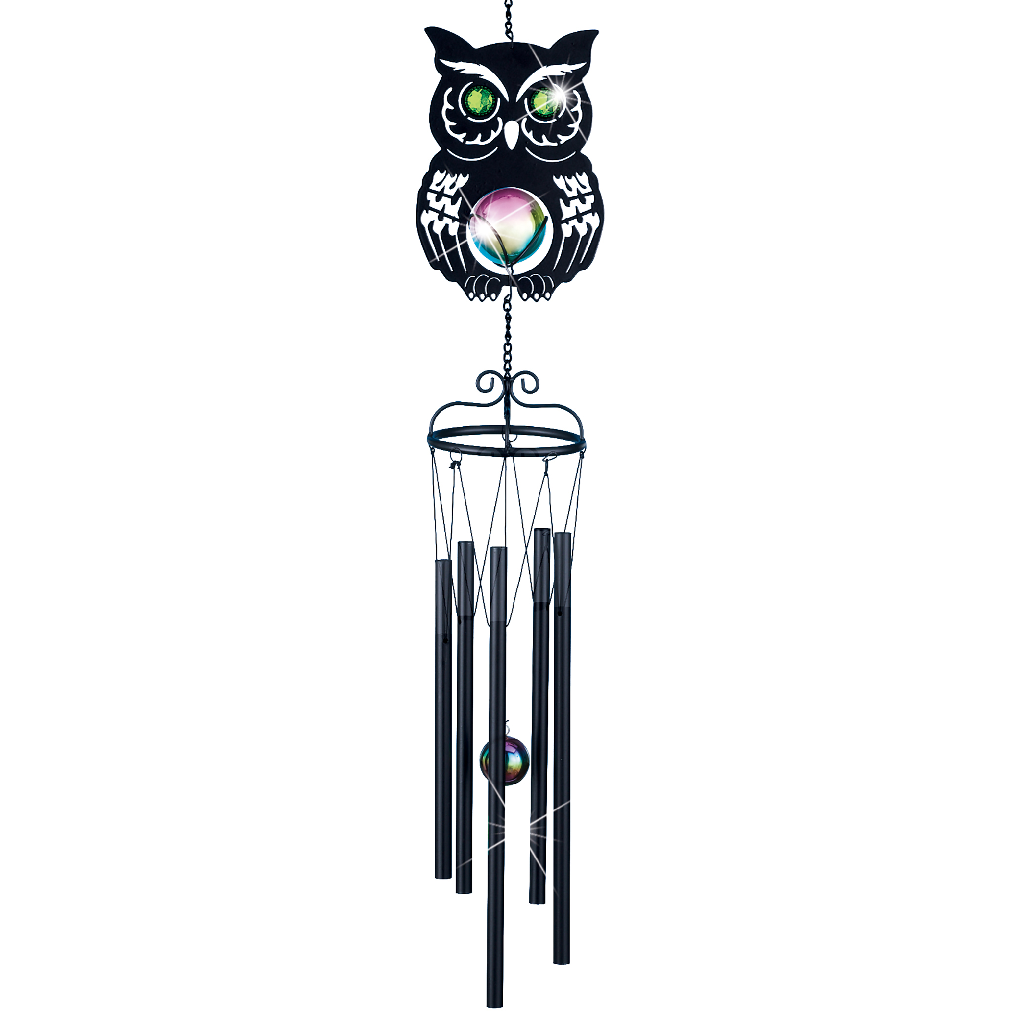 Stainless Steel Owl and Gazing Ball Hanging Windchime Gray