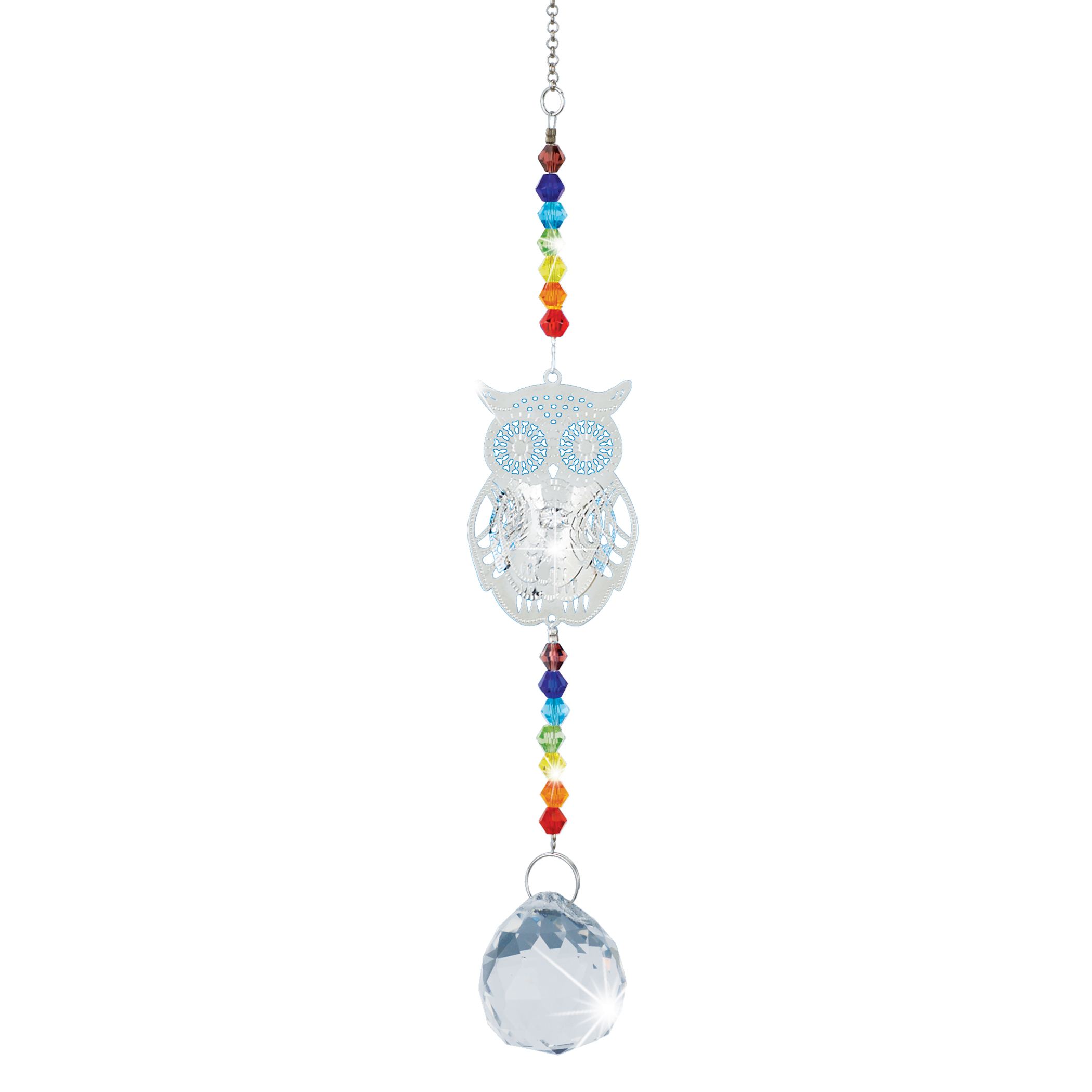 Stainless Steel Owl and Colorful Crystals Hanging Suncatcher