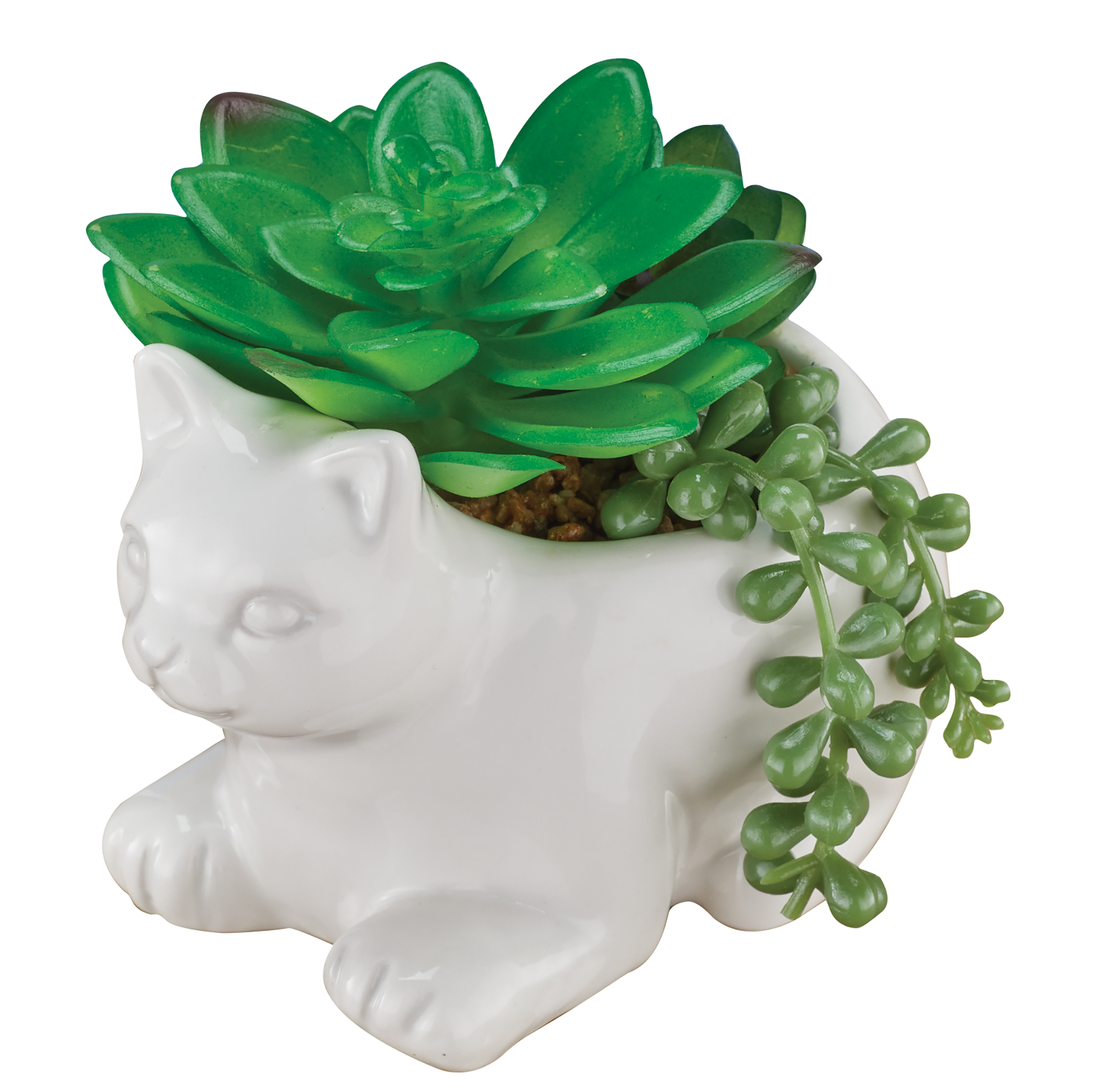Faux Succulent Arrangement in White Ceramic Cat Pot White