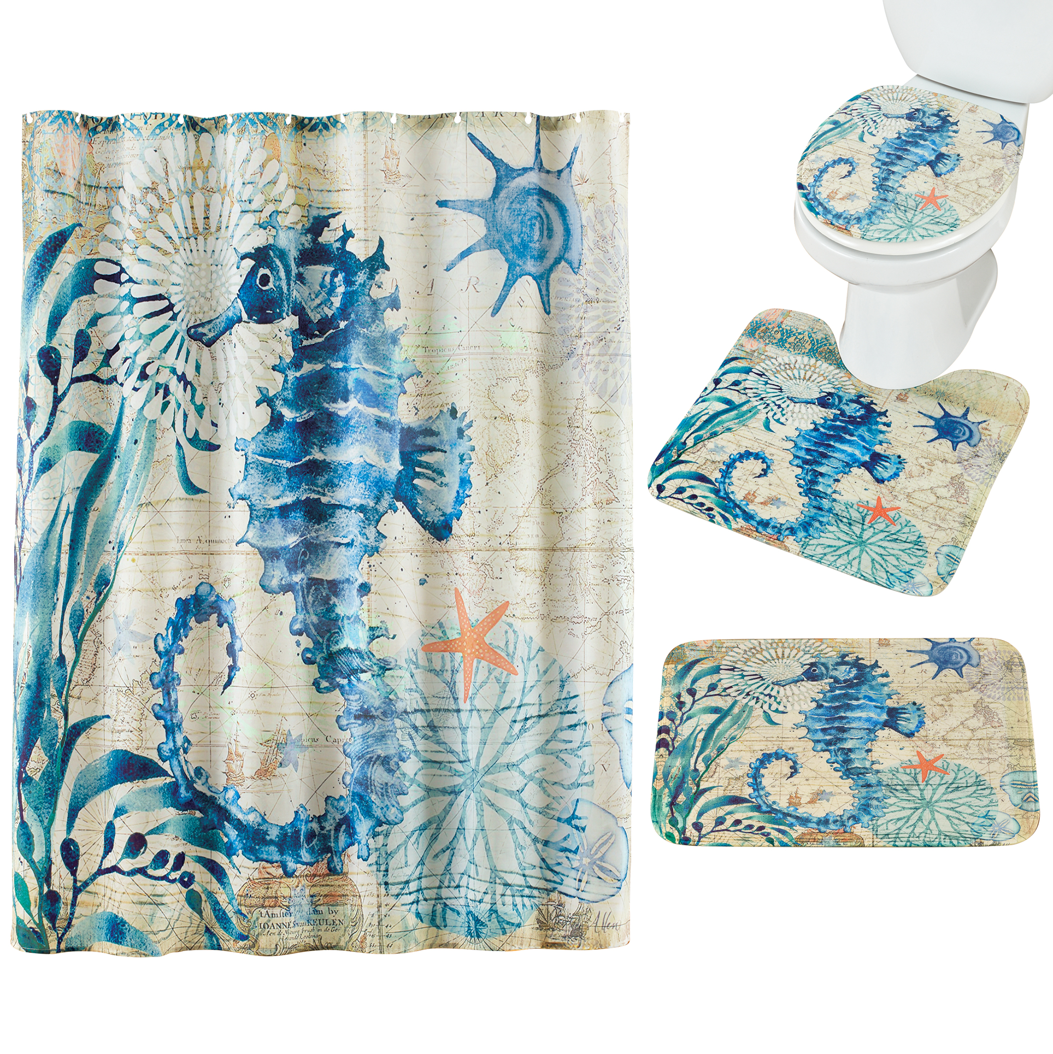 16-Piece Nautical Blue Seahorse Bathroom Set Blue