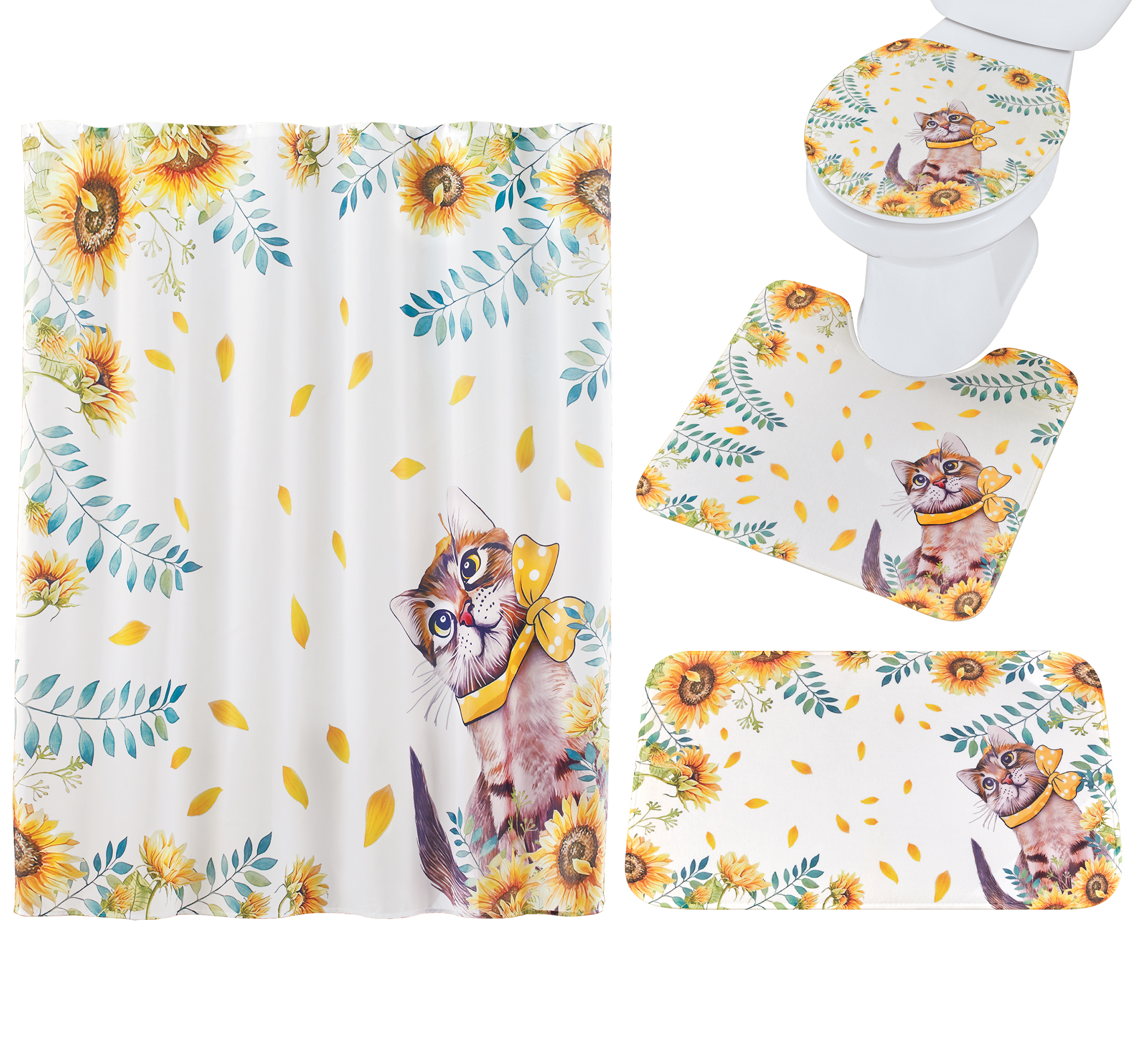 12-Piece Sunflower and Greenery Cat Bathroom Set White