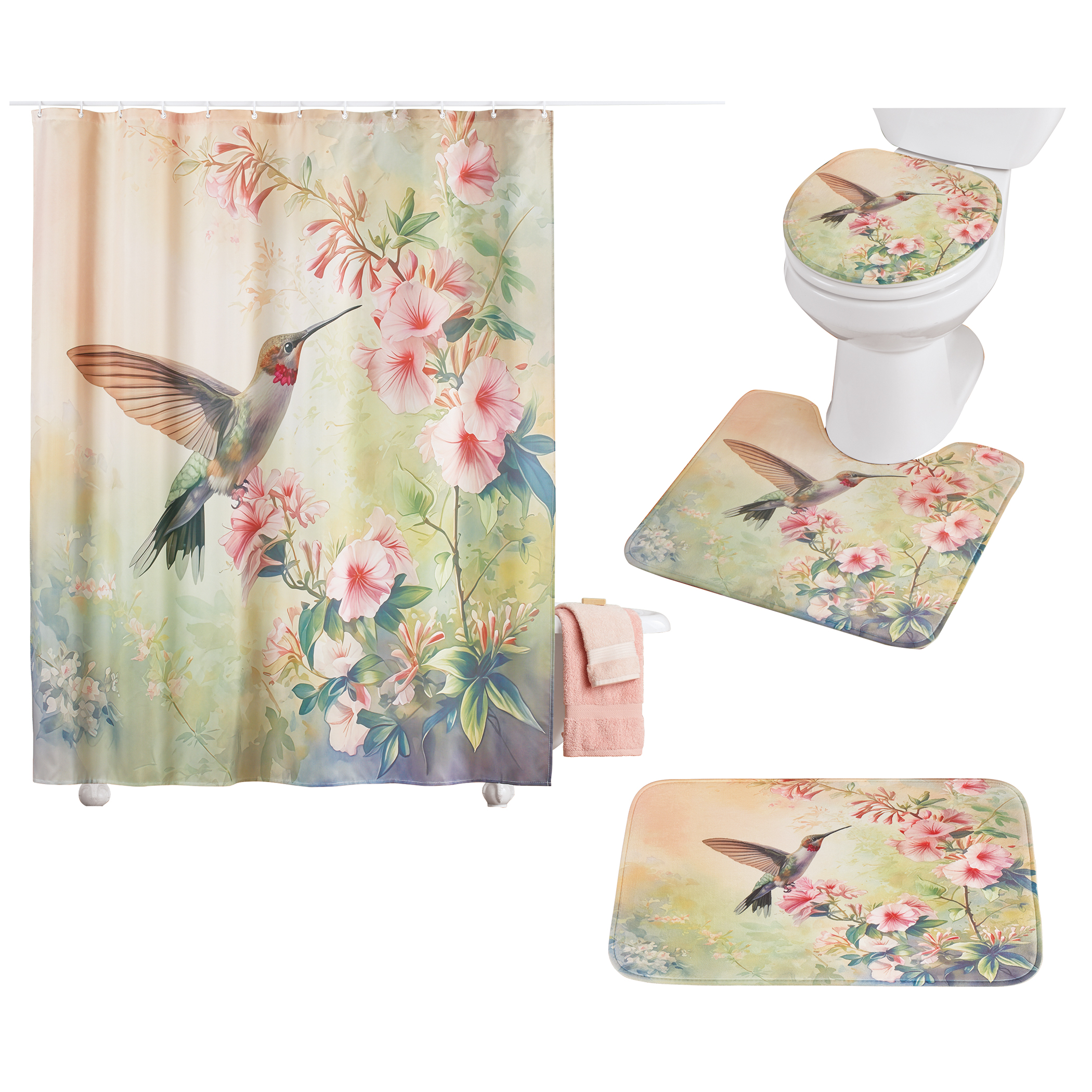 16-Piece Hummingbird Floral Bathroom Set Pink