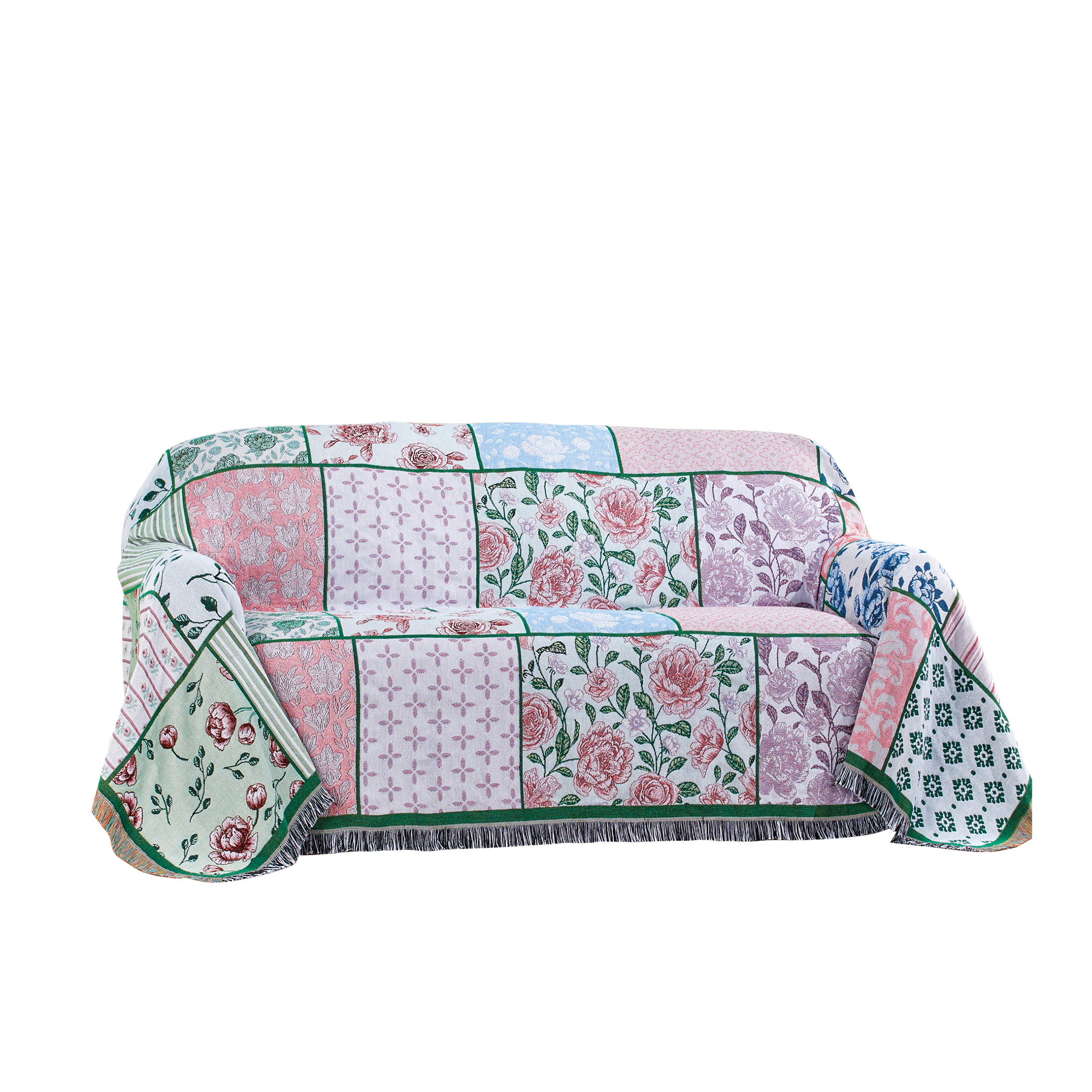 Charming Floral Patchwork Fringe Border Furniture Tapestry Throw Loveseat Pink