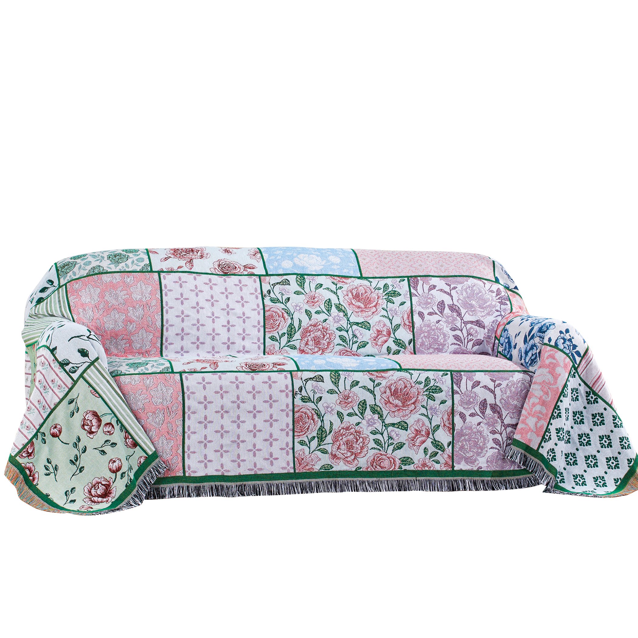 Charming Floral Patchwork Fringe Border Furniture Tapestry Throw Sofa Pink