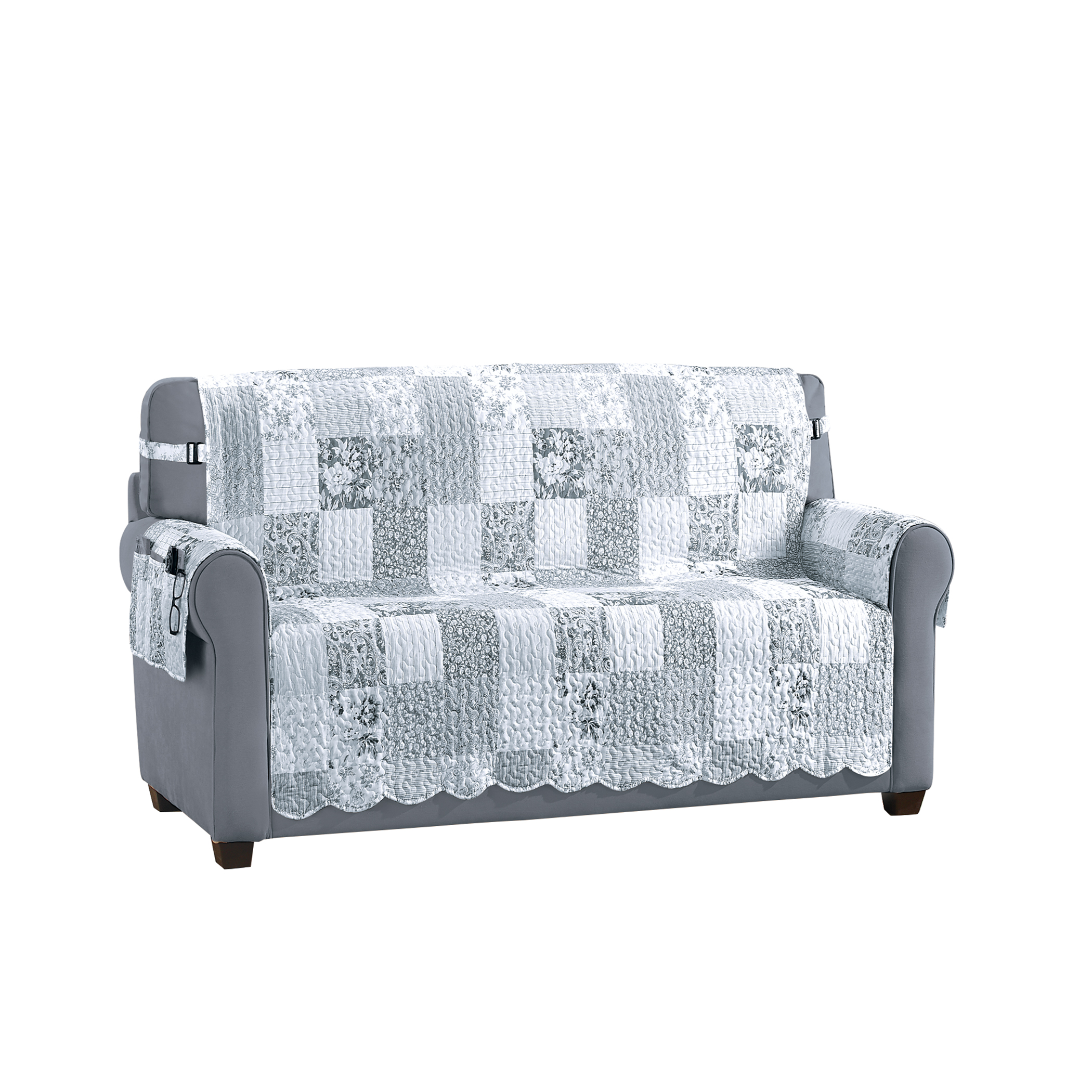 Eden Floral Patchwork Scalloped Edge Furniture Protector Loveseat Grey