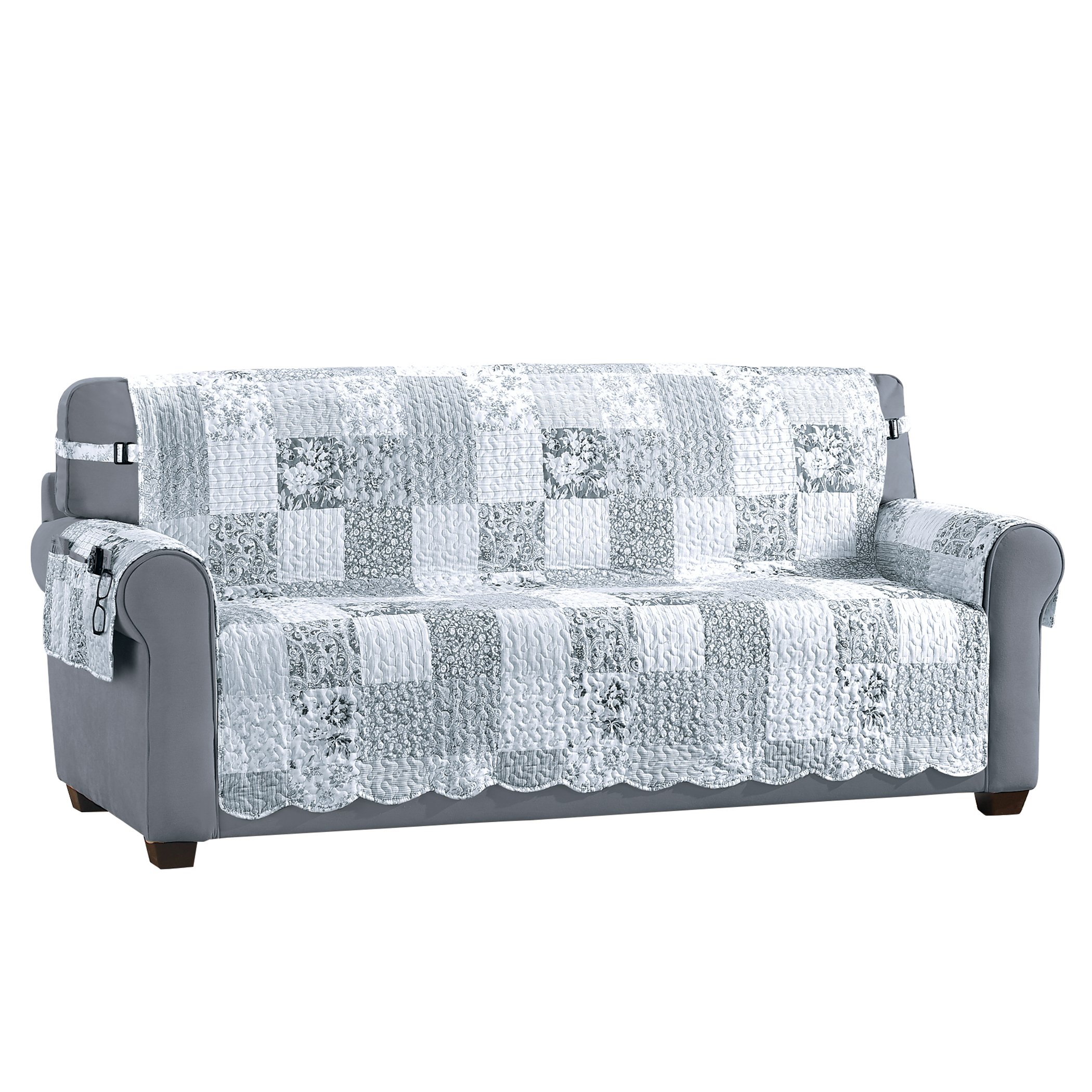 Eden Floral Patchwork Scalloped Edge Furniture Protector Sofa Grey