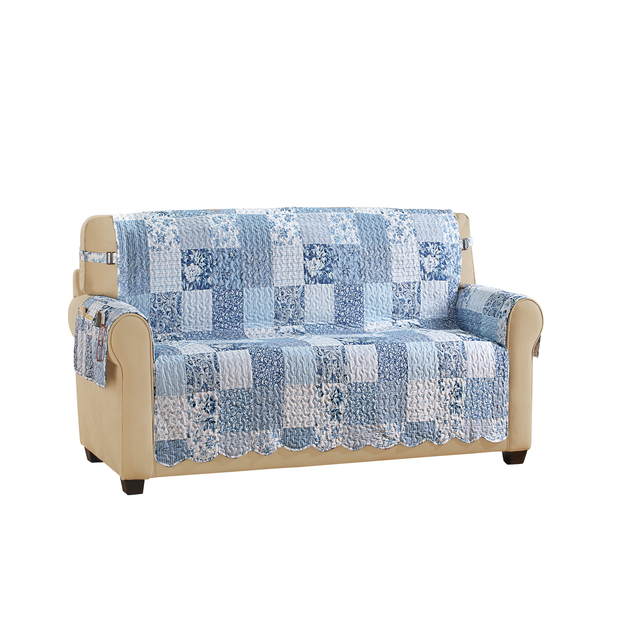 Eden Floral Patchwork Scalloped Edge Furniture Protector Loveseat Navy