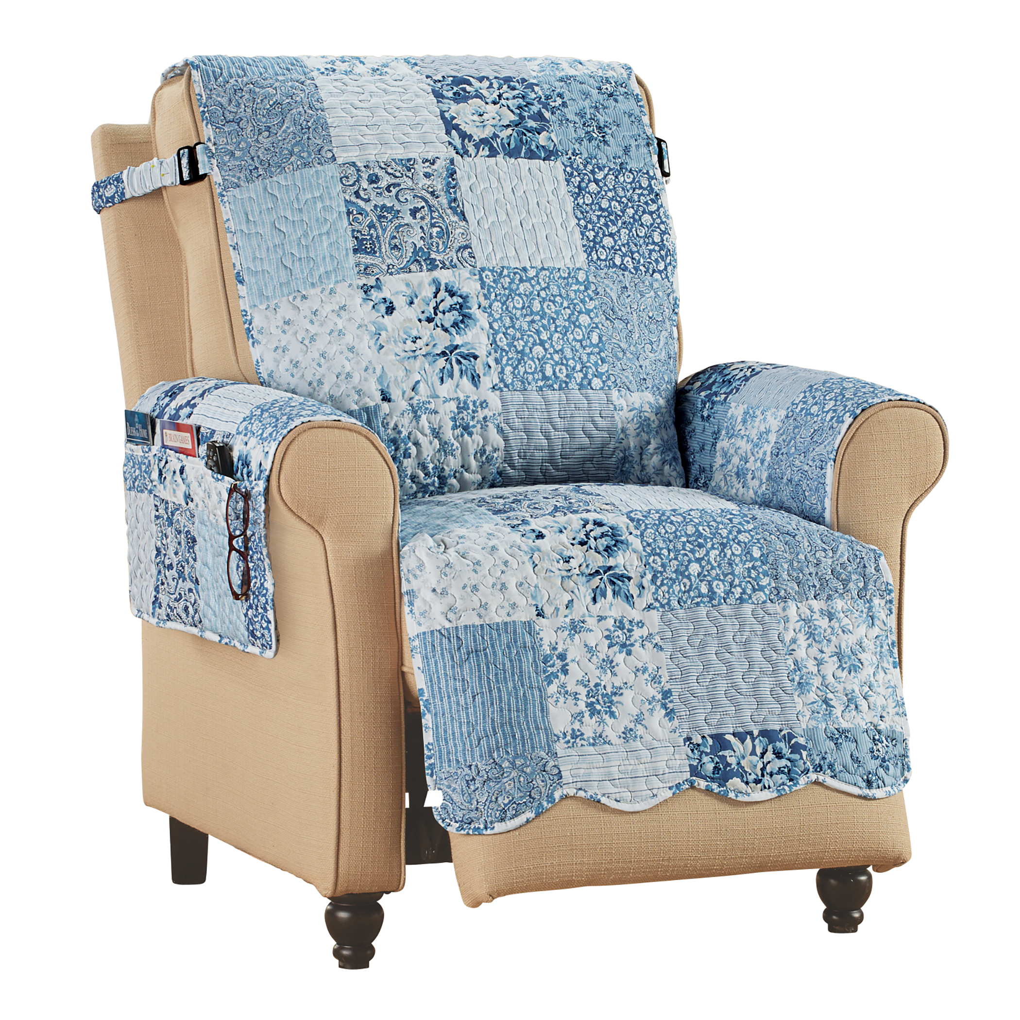 Eden Floral Patchwork Scalloped Edge Furniture Protector Recliner Navy