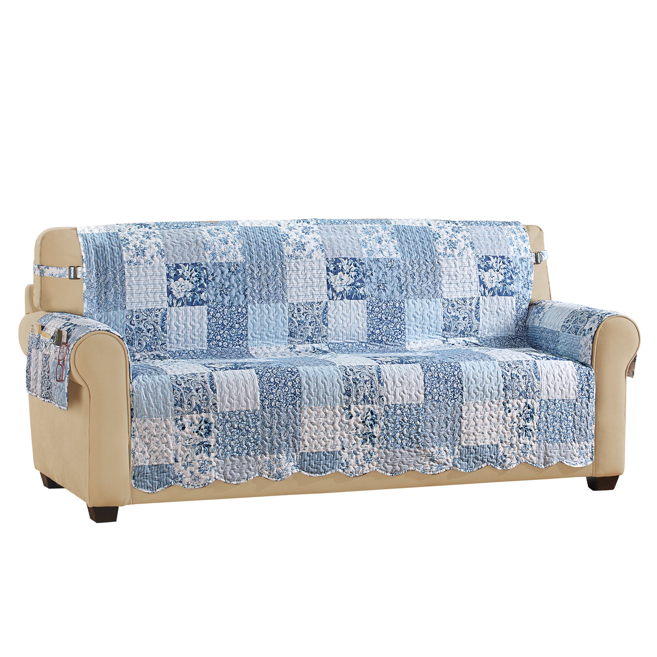Eden Floral Patchwork Scalloped Edge Furniture Protector Sofa Navy
