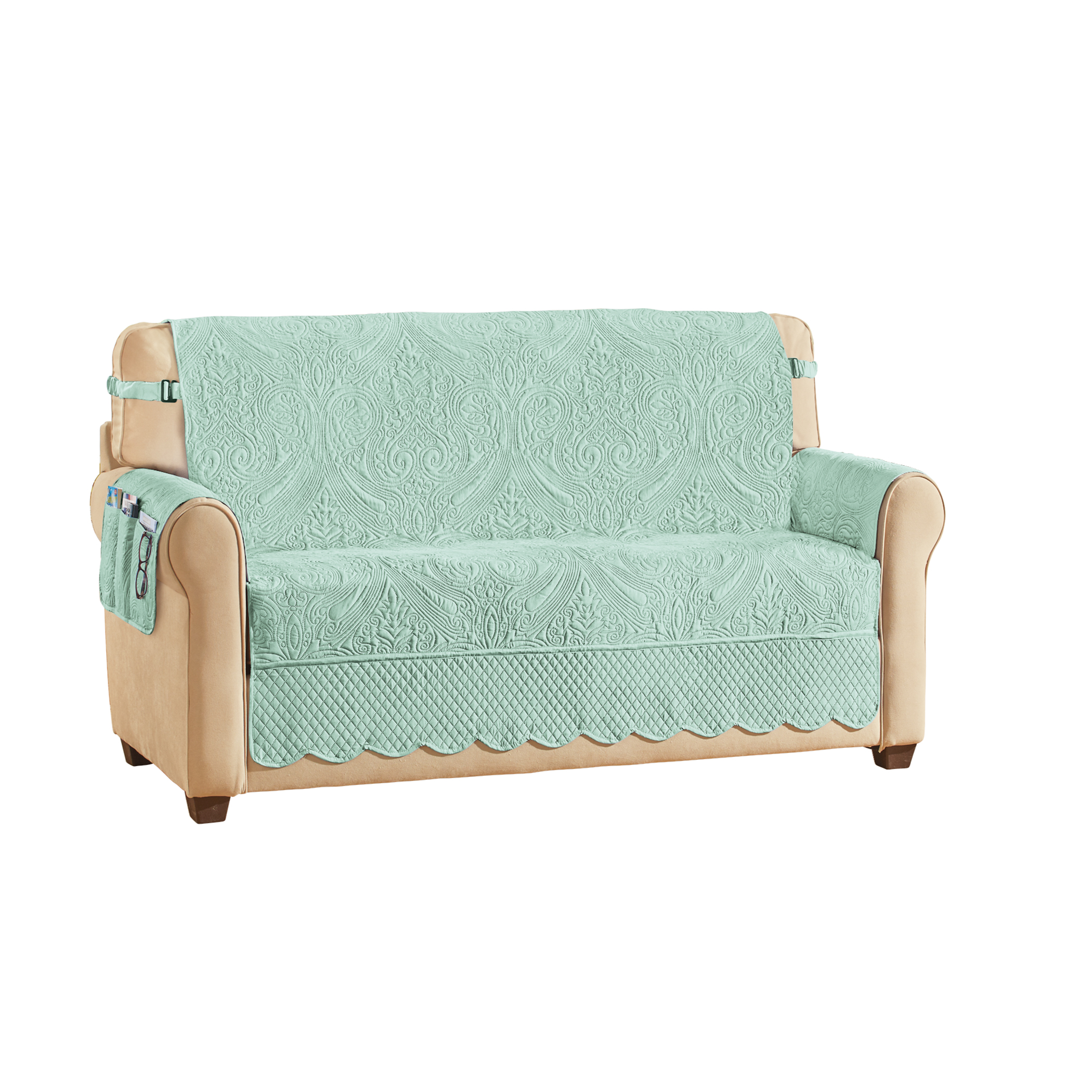 Luxe Quilted Furniture Cover with Arm Cover Pocket Loveseat seaglass
