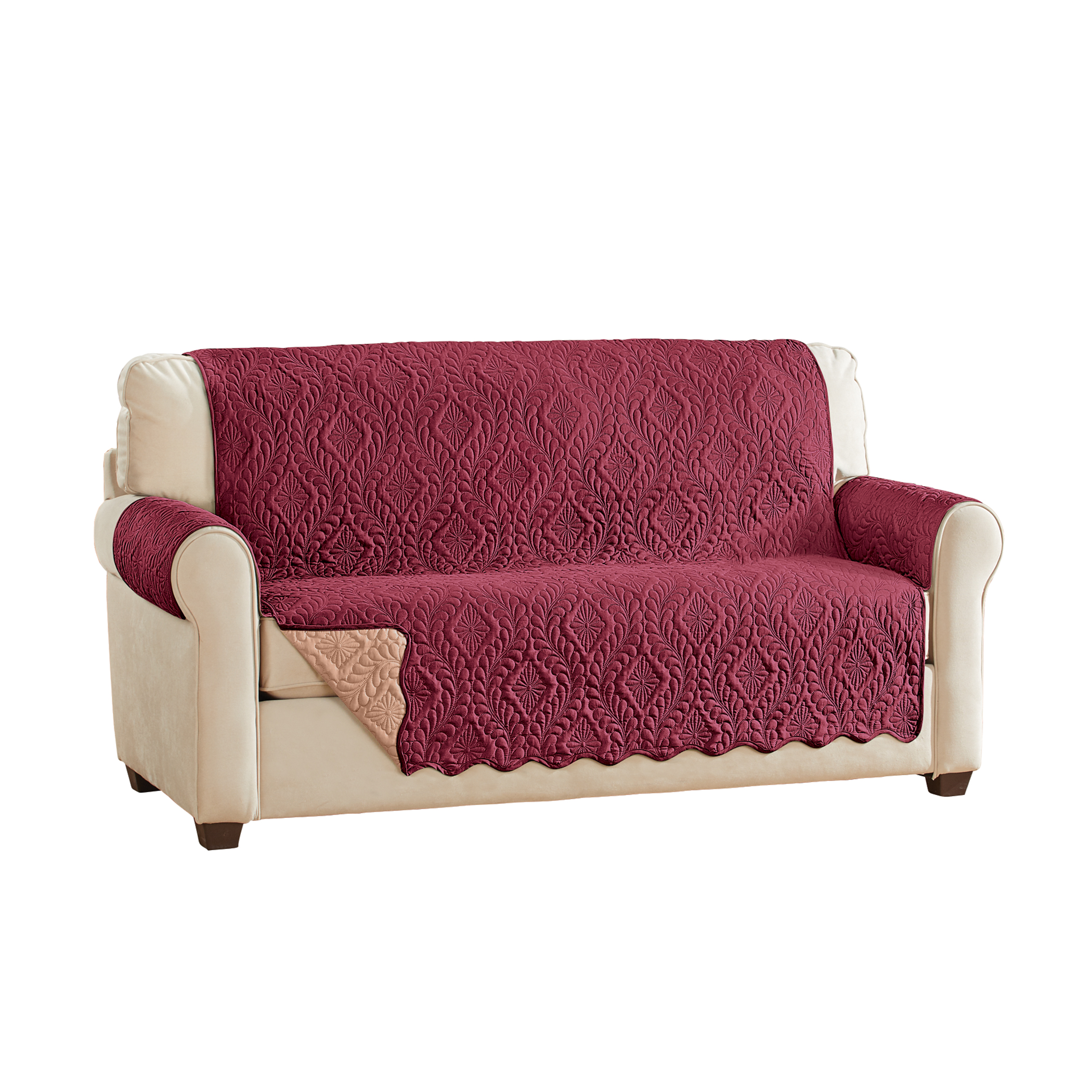 Reversible Diamond Scalloped Edge Quilted Furniture Protector Loveseat Burgundy/Taupe, Burgundy/Taupe