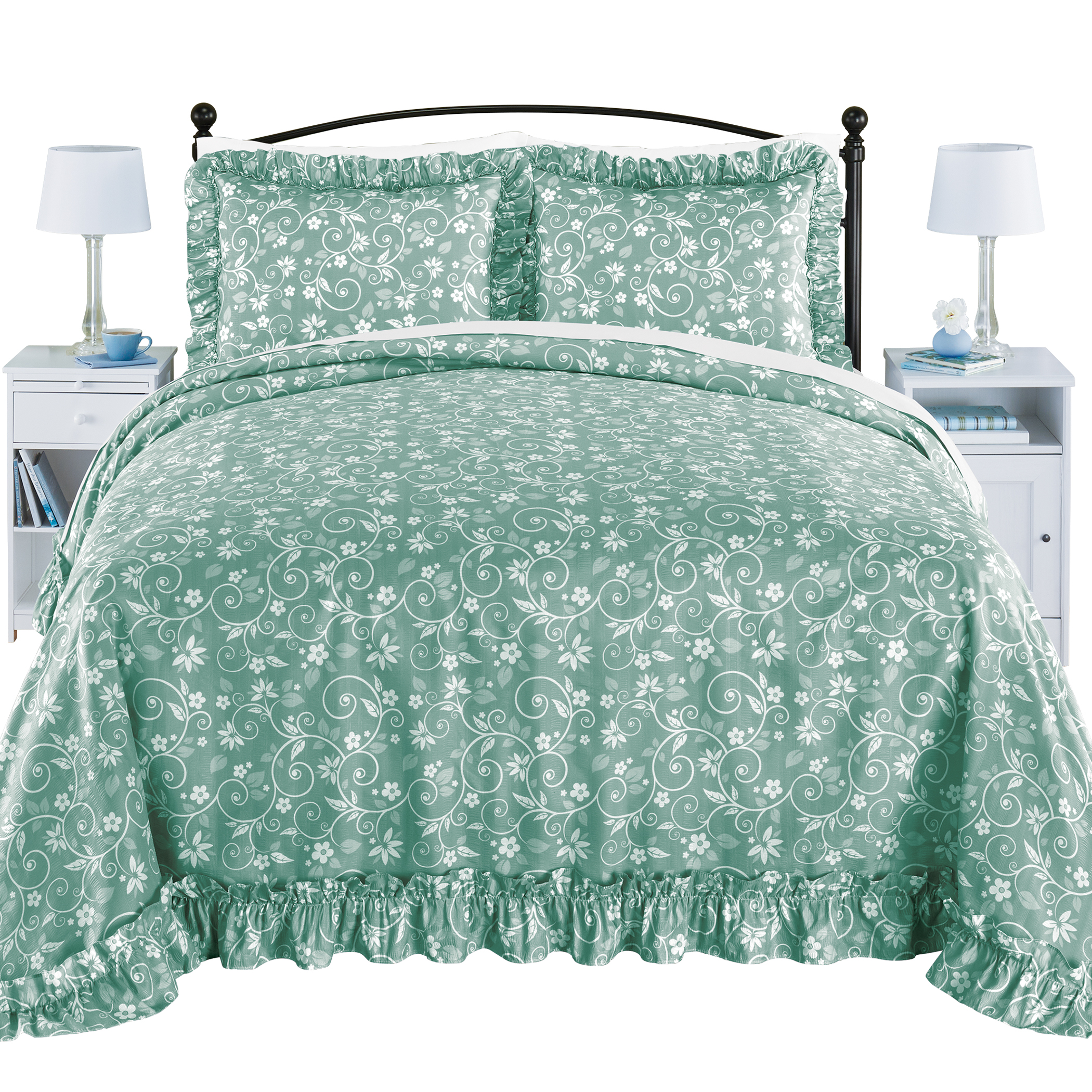 Lightweight Floral Scroll Pliss&Atilde;&copy; Bedspread Full Gender Neutral Sage